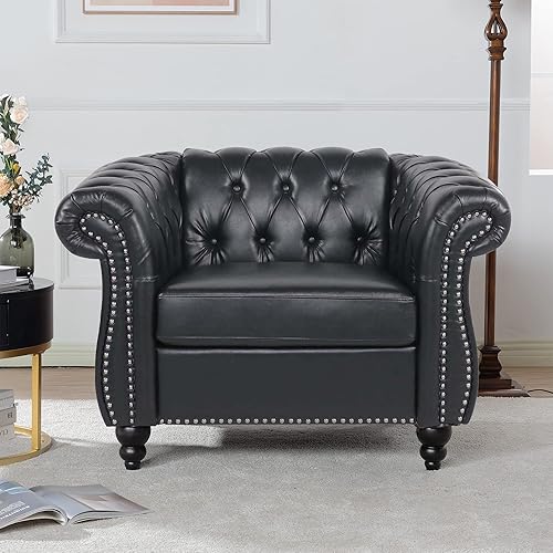 Miniatura 1 de LEVNARY Sillón tapizado de cuero, moderno sofá individual de mediados de siglo con brazos enrollados y cabeza de clavo, silla Chesterfield de piel