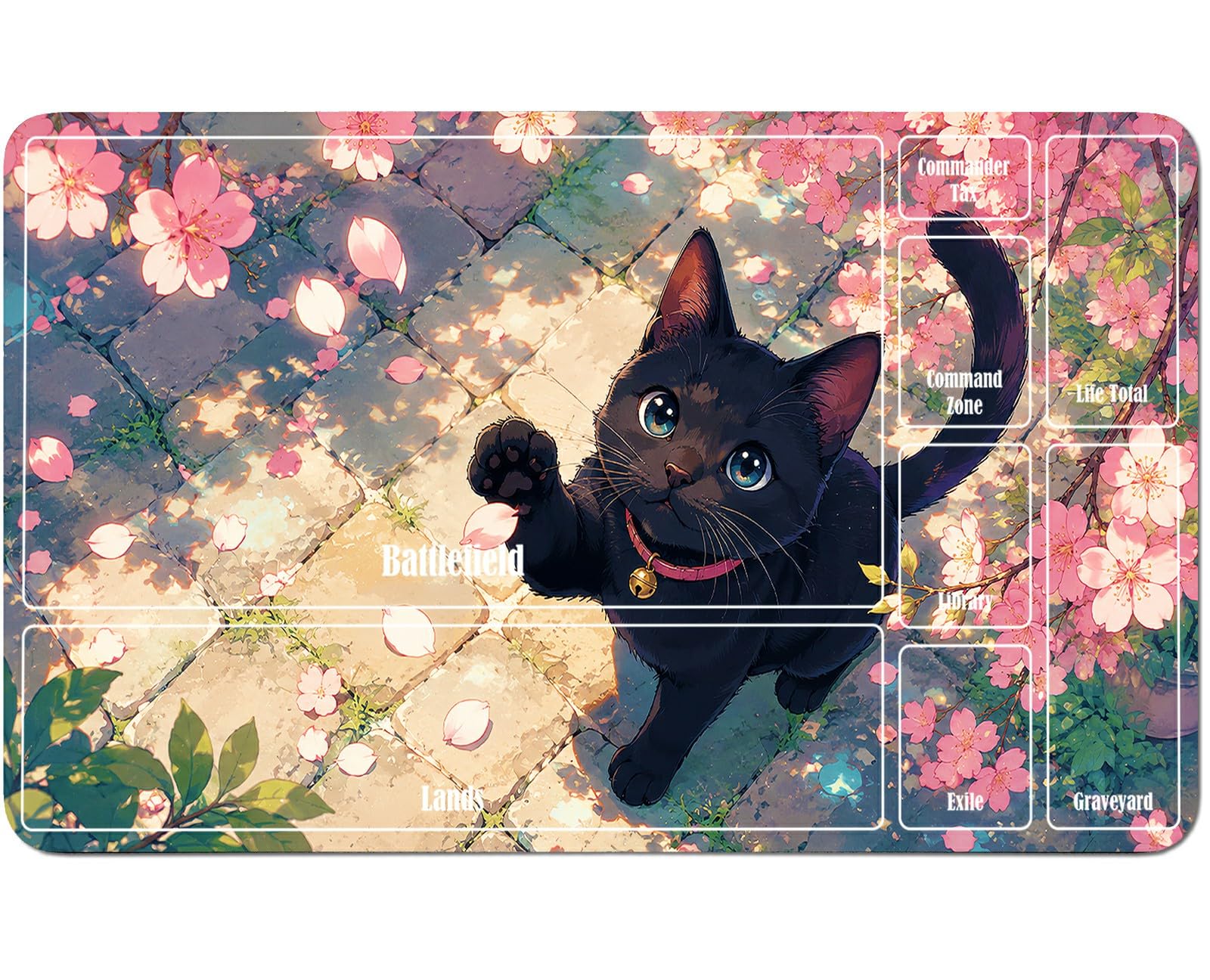 RWUTYTIUL Sakura Black Cat for MTG Playmat 24 X 14 Inch, Stitched Card Game Mat for Commander Board TCG RPG CCG Desktop Tablet Mouse Pad for Enthusiasts Playing Accessories