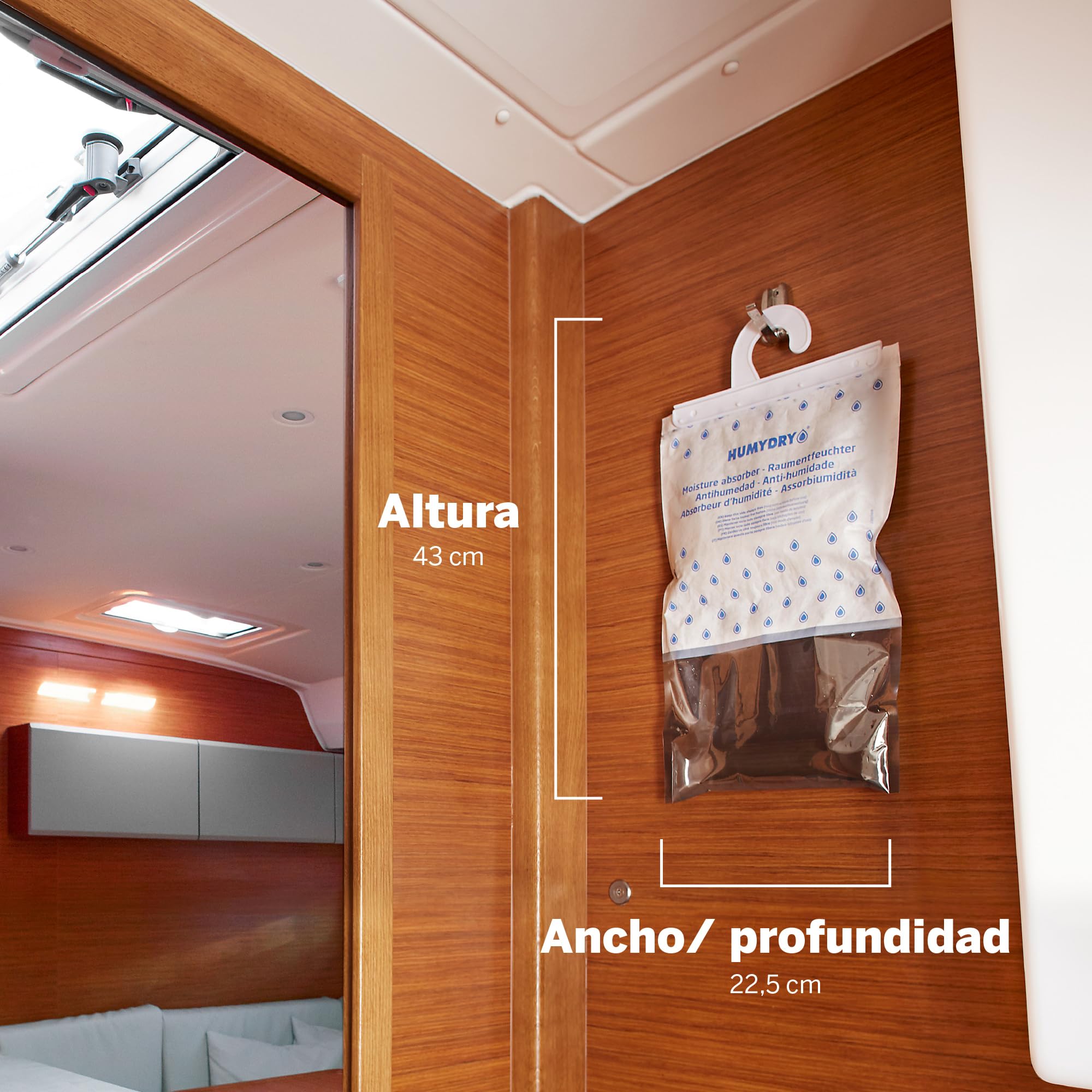 Pack de 3 Bolsas antihumedad Percha - Absorbe Humedad de Armarios - Espacios de hasta 15 m2 - Fragancia Neutro - Contenido: 3 unidades de 450 gr - Humydry