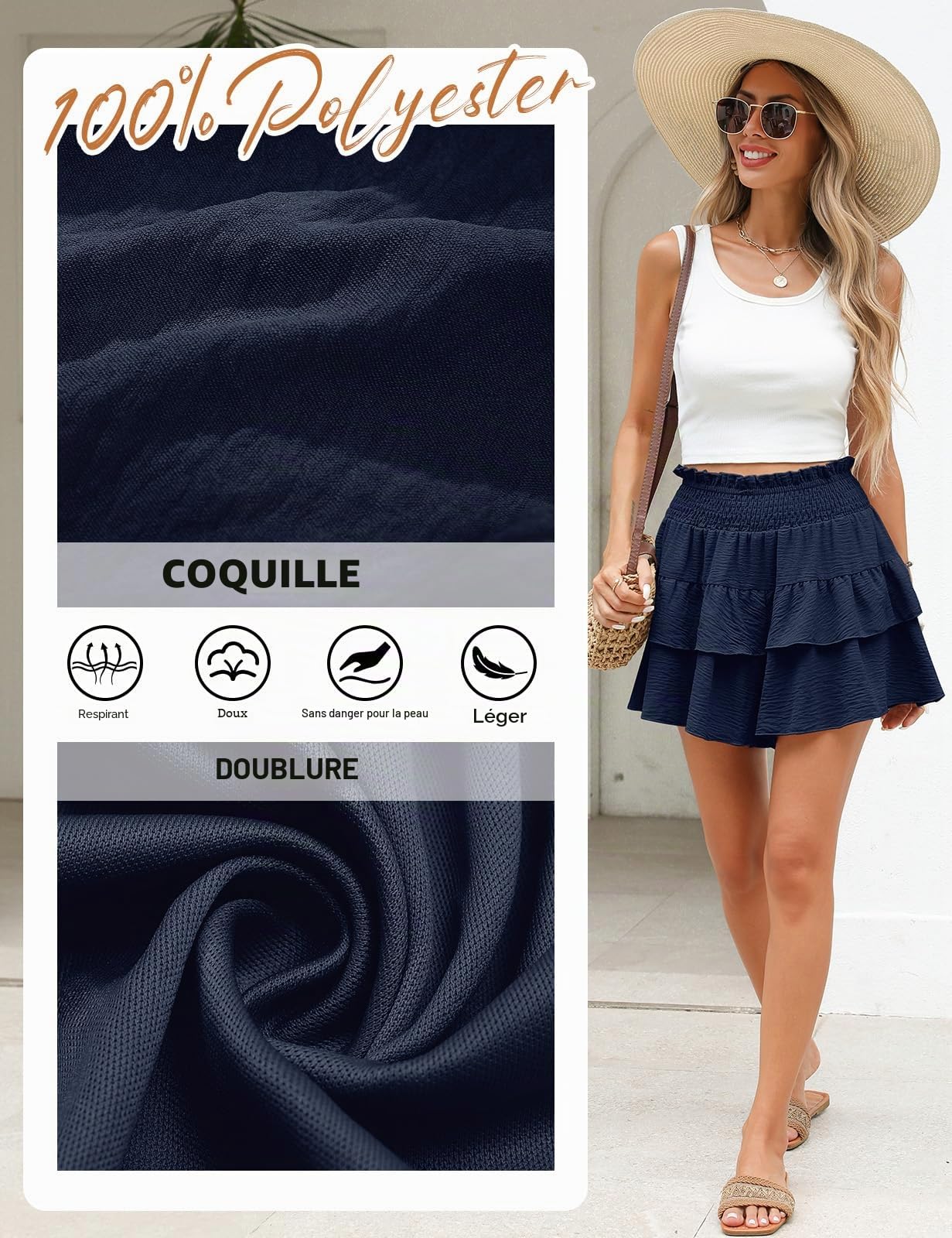 heekpek Short Femme Ete Fluide à Volants Shorts Taille Haute Ceinture Élastique Jambes Larges Jupe Short de Plage Confort Mini Shorts de Vacances avec Doublure