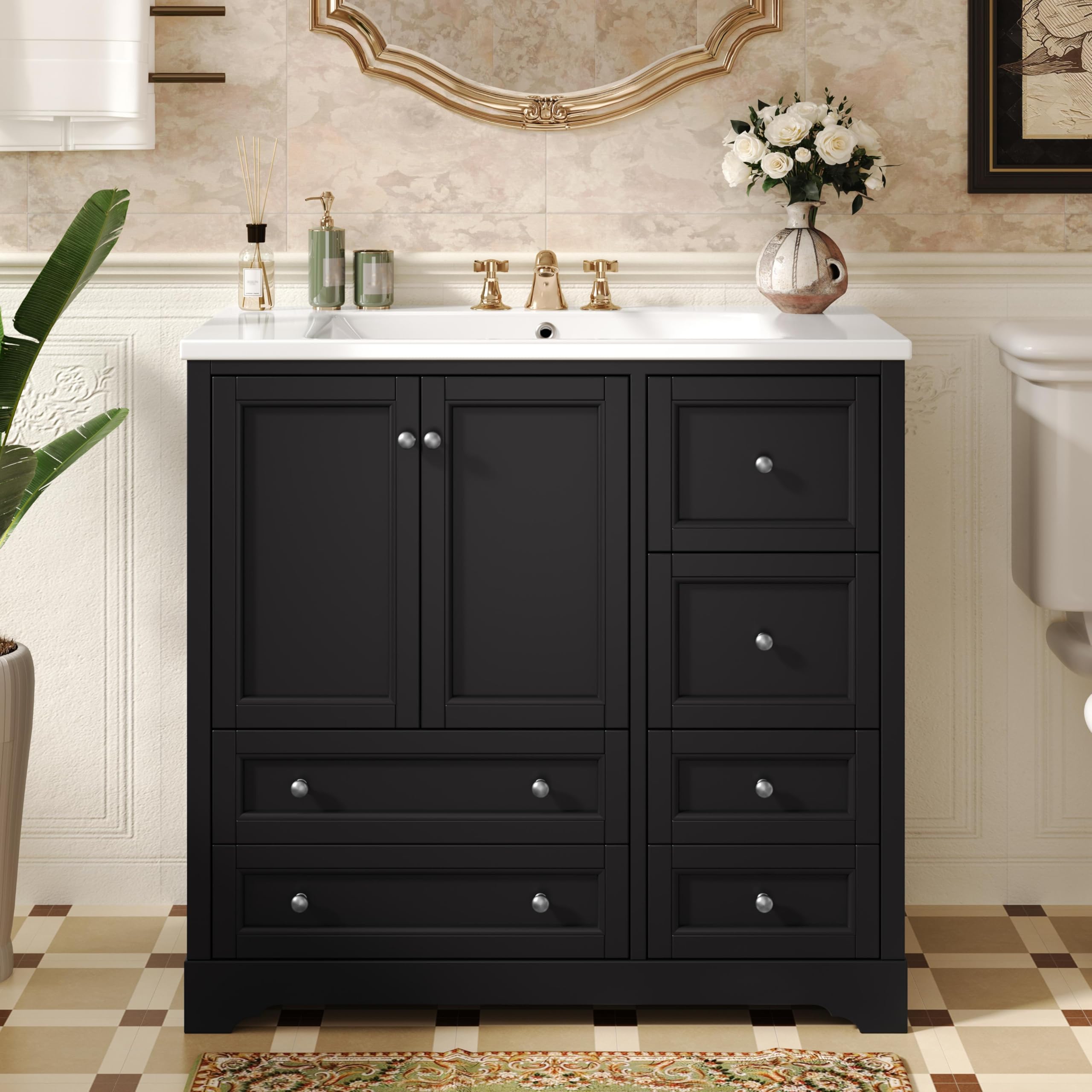 Lunanniu 36 Inch Bathroom Vanity with Sink Set Freestanding Combo Unit with Resin Basin with Storage 4 Full Extension Drawers and 2 Soft Close Doors Transitional Style Black