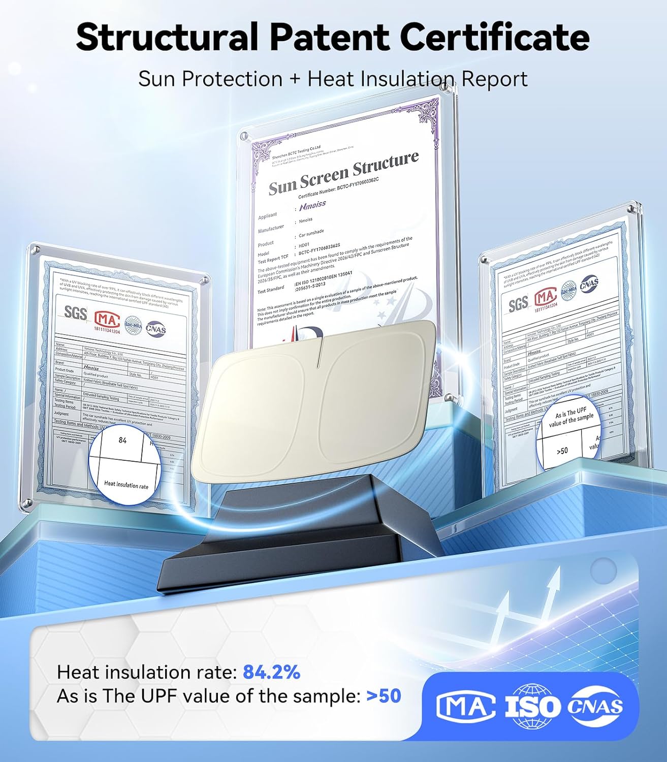 Ice Silk Air-Cooled Car Windshield Sun Shade, [Enjoy Superior Coolness & Comfort] 84.2% Heat Insulation UPF>50 UV Block, Interior Protection, Universal Fit for Car SUV Truck, Medium 64"x32"