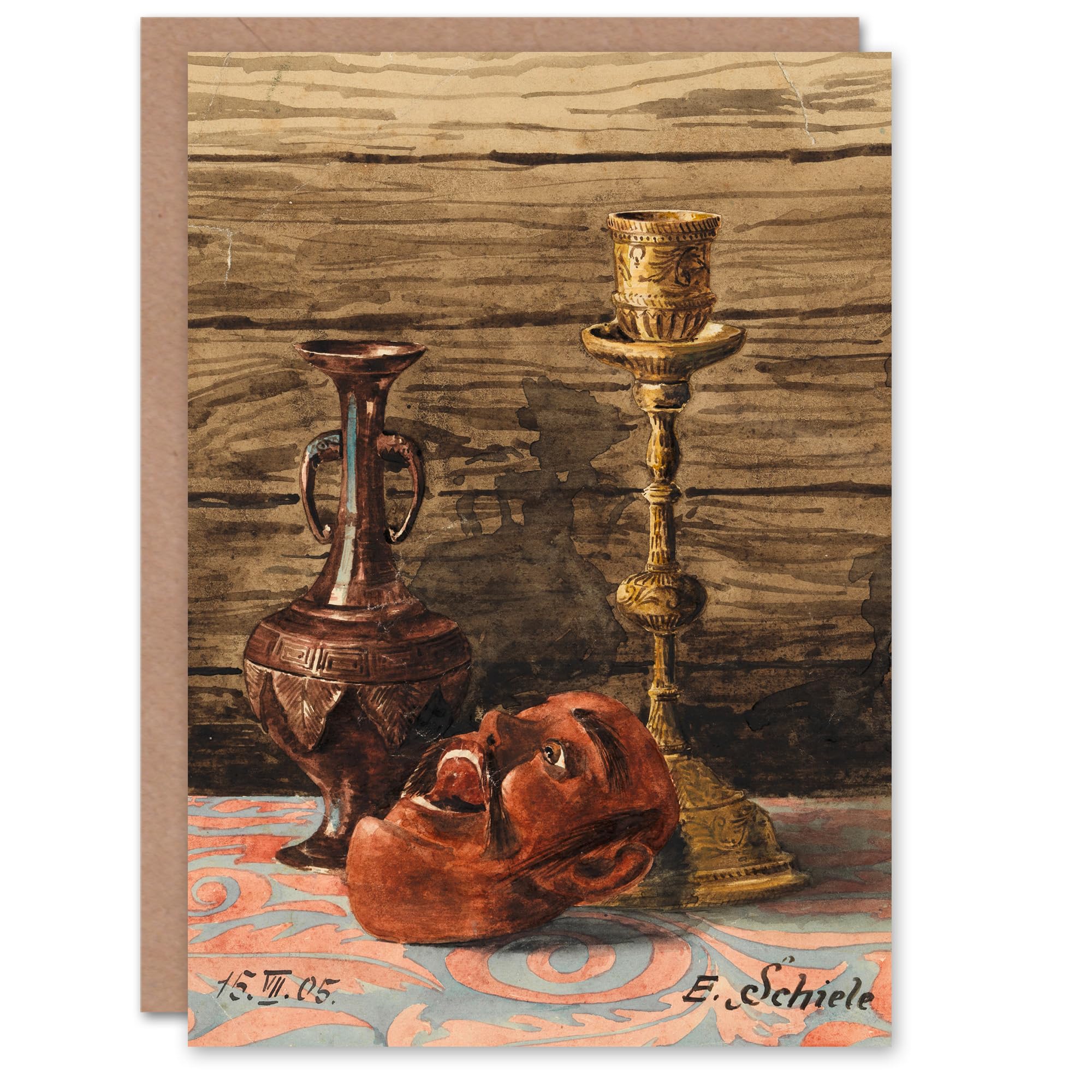 Artery8 Egon Schiele Art Card Candlestick Vase and Mask Still Life