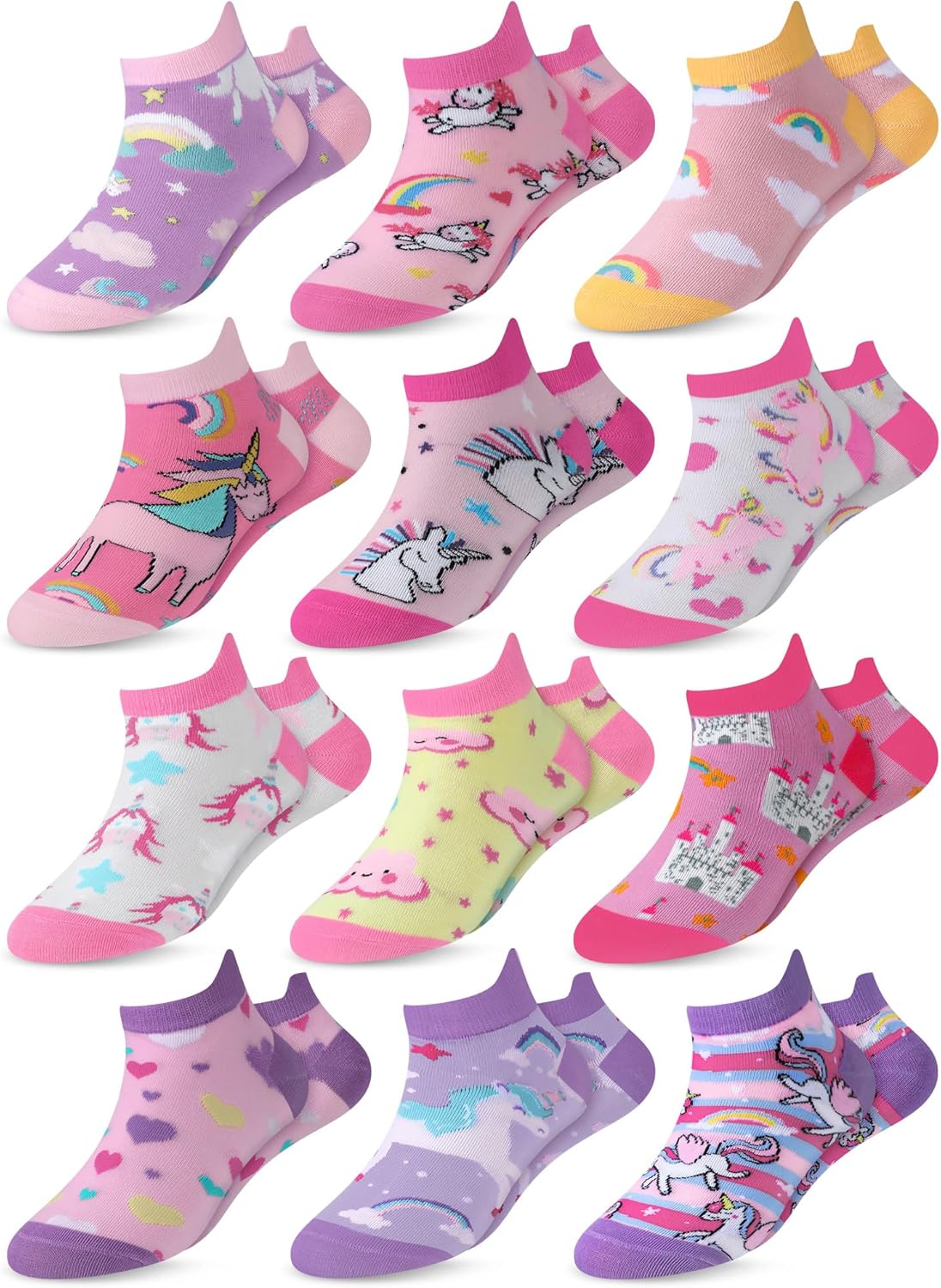 Jinei 12 Pairs Girls Unicorn Ankle Socks Novelty Cotton Low Cut Tab Socks Holiday Birthday Gift for 6-10 Years Girls