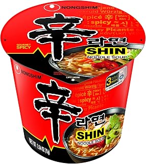 Nongshim Shin Original Ramyun Cups - Spicy Korean Instant Noodles with Beef Broth, Shiitake Mushrooms, 2.64oz Pack of 6