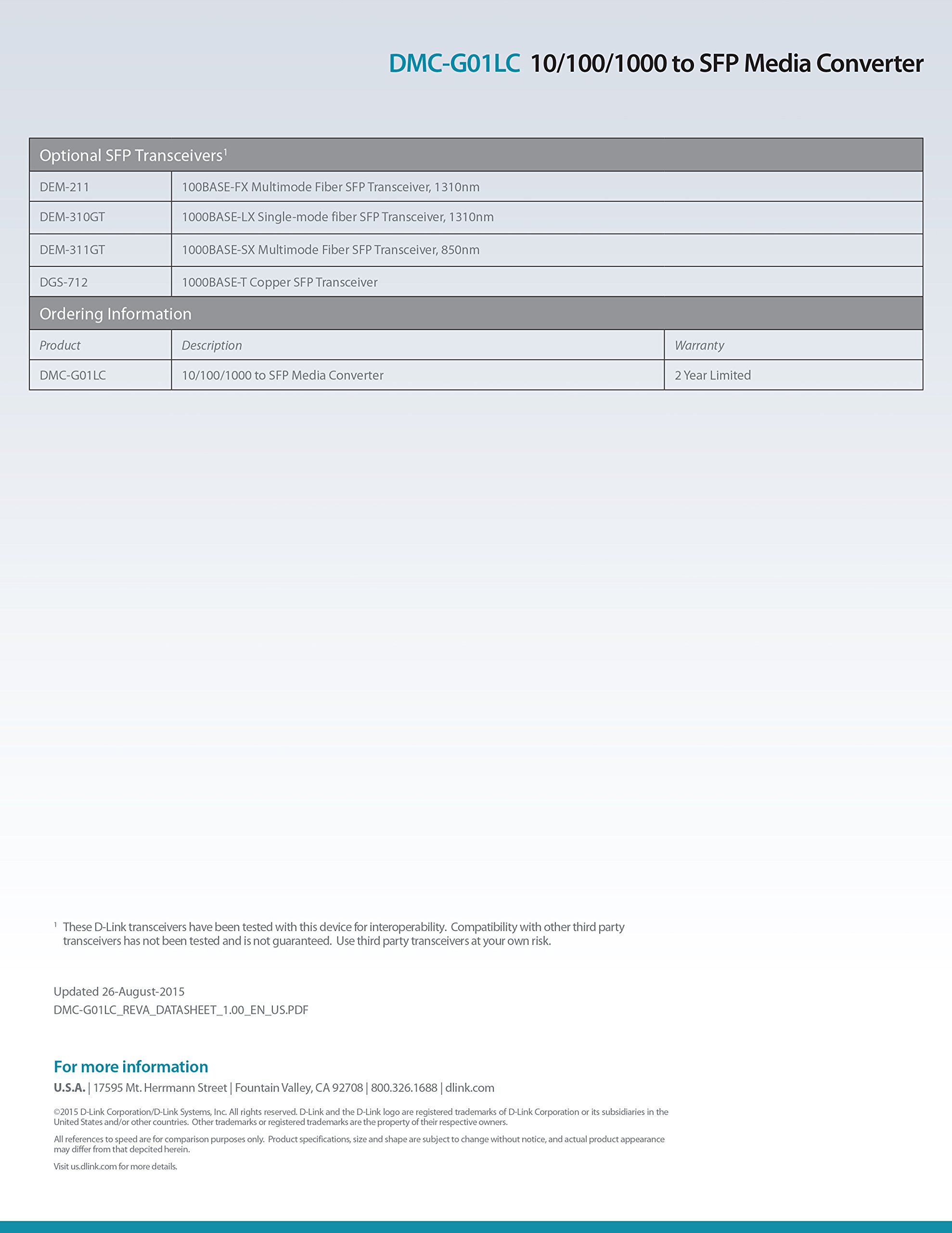 D-Link DMC-G01LC 1000Mbit/s Gris convertisseur de support réseau - Convertisseurs de support réseau (1000 Mbit/s, IEEE 802.3ab,IEEE 802.3u,IEEE 802.3x, Gigabit Ethernet, 10,100,1000 Mbit/s, SFP, Avec fil)