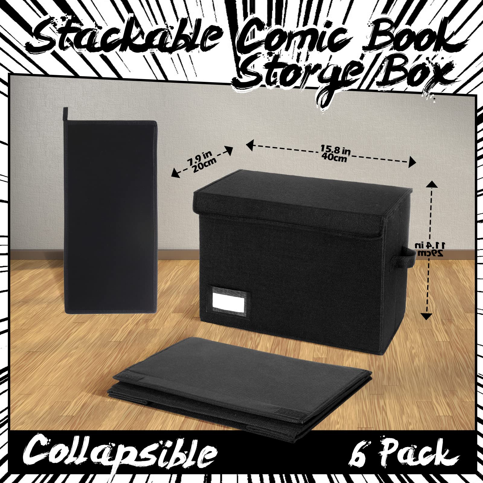 Chuangdi Comicbuch-Aufbewahrungsboxen, Schwarz, 6 Stück | Back to School Faltbarer Comic-Koffer mit Deckel, 39 x 20 x 29 cm, für 150 Comics