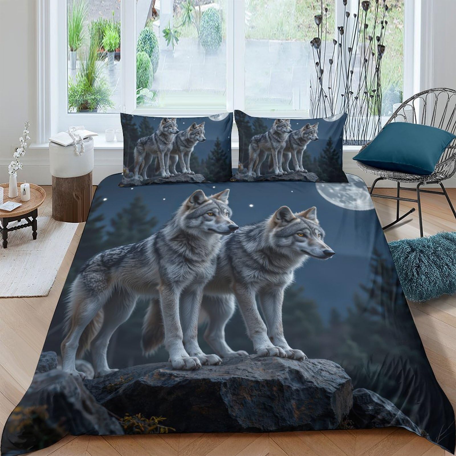 Ctjqhvkz Style-6 3D Printed Wolf Moon Fitted Sheet Microfiber Soft Anti-Slip Forest Night Mattress Cover Bedroom Decor Single（135X200cm）