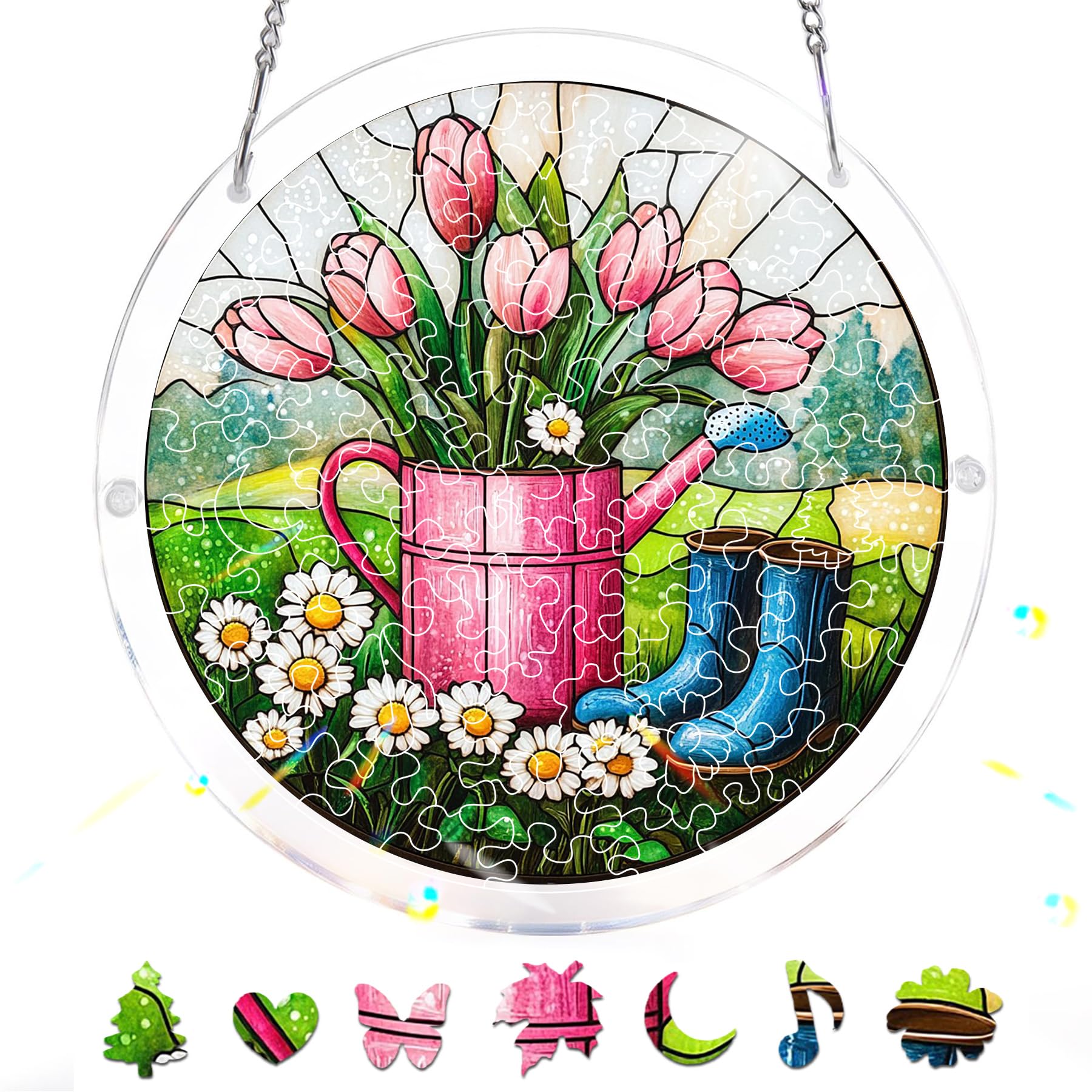 Reofrey Acrylic Puzzle Suncatcher for Adults, 83 Piece Stained Glass DIY Jigsaw Puzzle, Double-Sided Acrylic Window Hanging Decor with Chain, Gift for Mom, Home Garden Decoration, 18cm A043