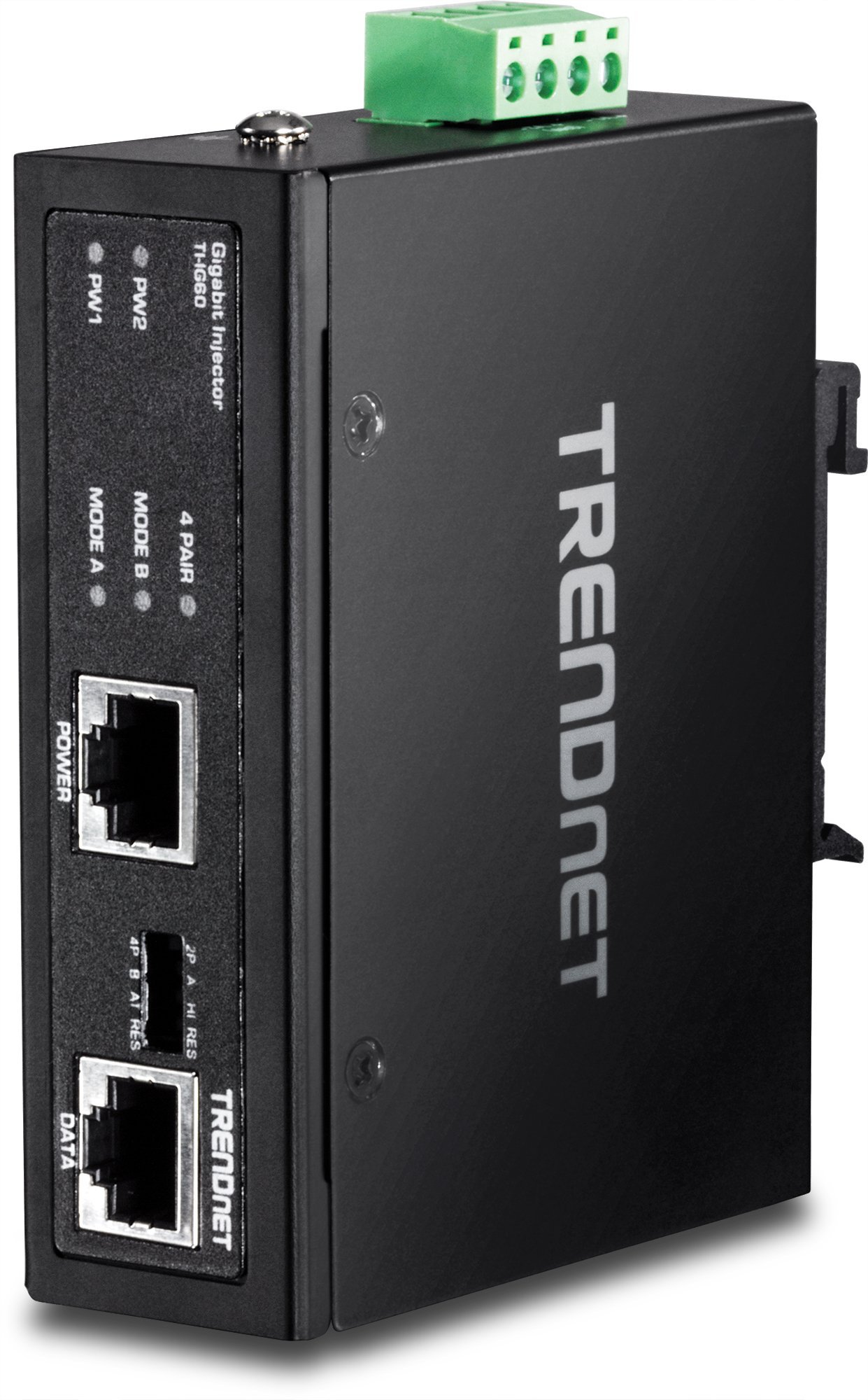 TRENDnet, TI-IG60, Iniettore PoE+ Gigabit industriale rinforzato da 60 W, montaggio su guida DIN, alloggiamento con grado di protezione IP30