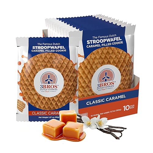 3Bros Stroopwafels, galletas de waffle holandesas rellenas de caramelo, envueltas individualmente, 10 unidades, exterior suave y tostado con relleno