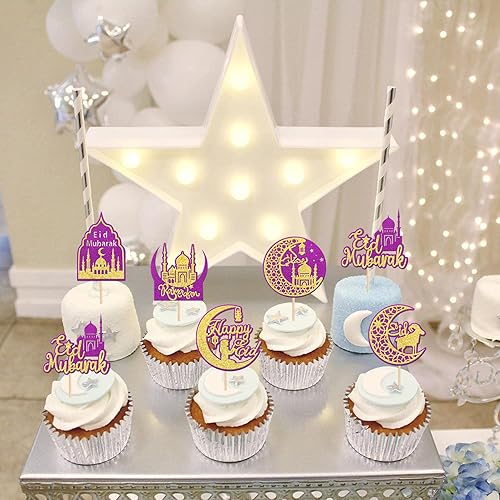 Miniatura 7 de Eid Mubarak - 24 piezas de adornos para cupcakes con purpurina Happy Eid Moon Ramadán Kareem, decoración para cupcakes de Eid Islamic Muslim Theme