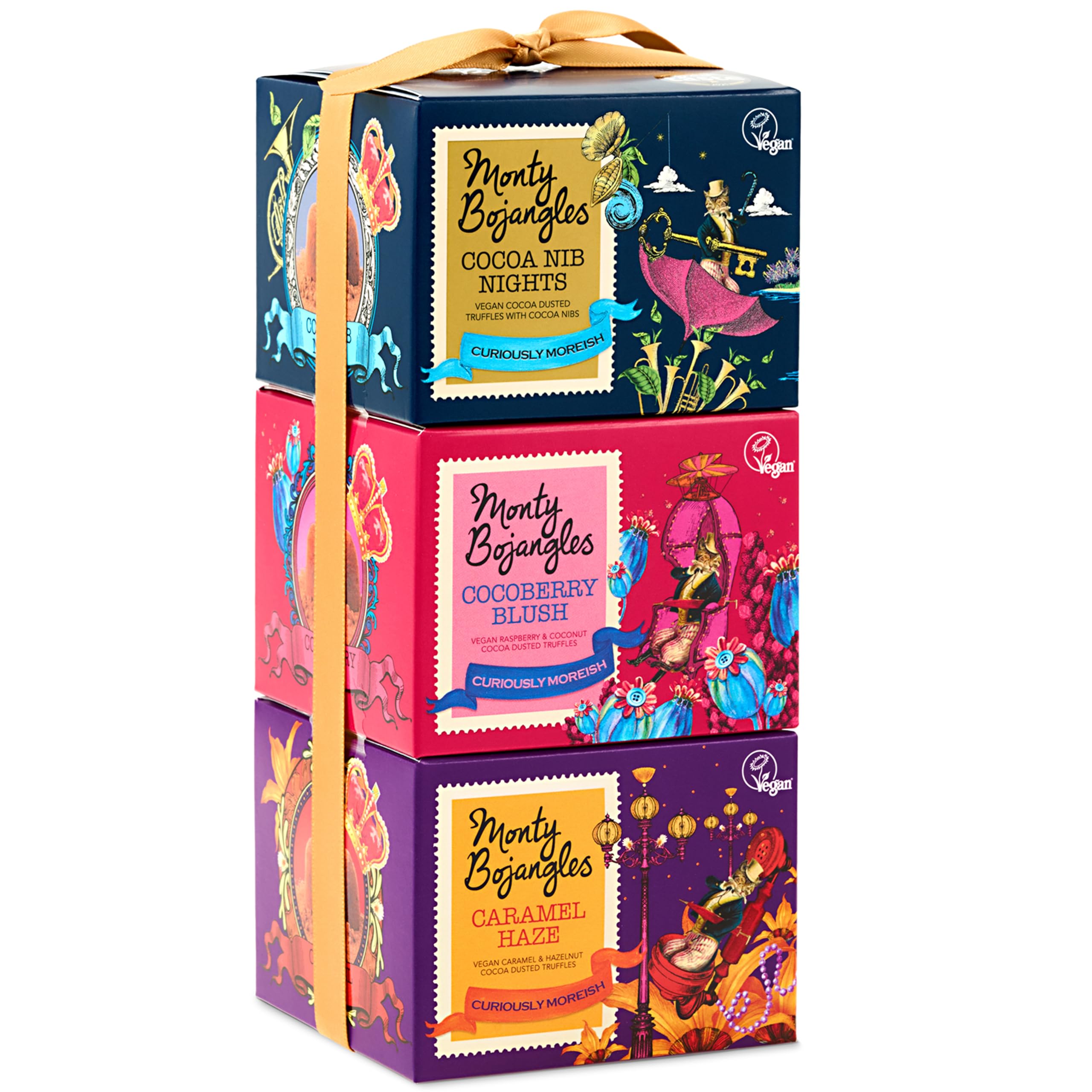 Monty Bojangles Vegane Kakaobestäubte Trüffel Pralinen, Geschenkturm, 3 x 100 g, Luxuriöses Schokolade Geschenkset in 3 Verschiedenen Geschmacksrichtungen, Individuelles Veganes Pralinen Geschenk