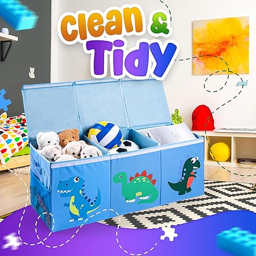 Miniatura 8 de Organizador de almacenamiento de juguetes extra grande para niños, caja de juguetes plegable de 40 x 13 x 16 pulgadas con 3 tapas, divisores y