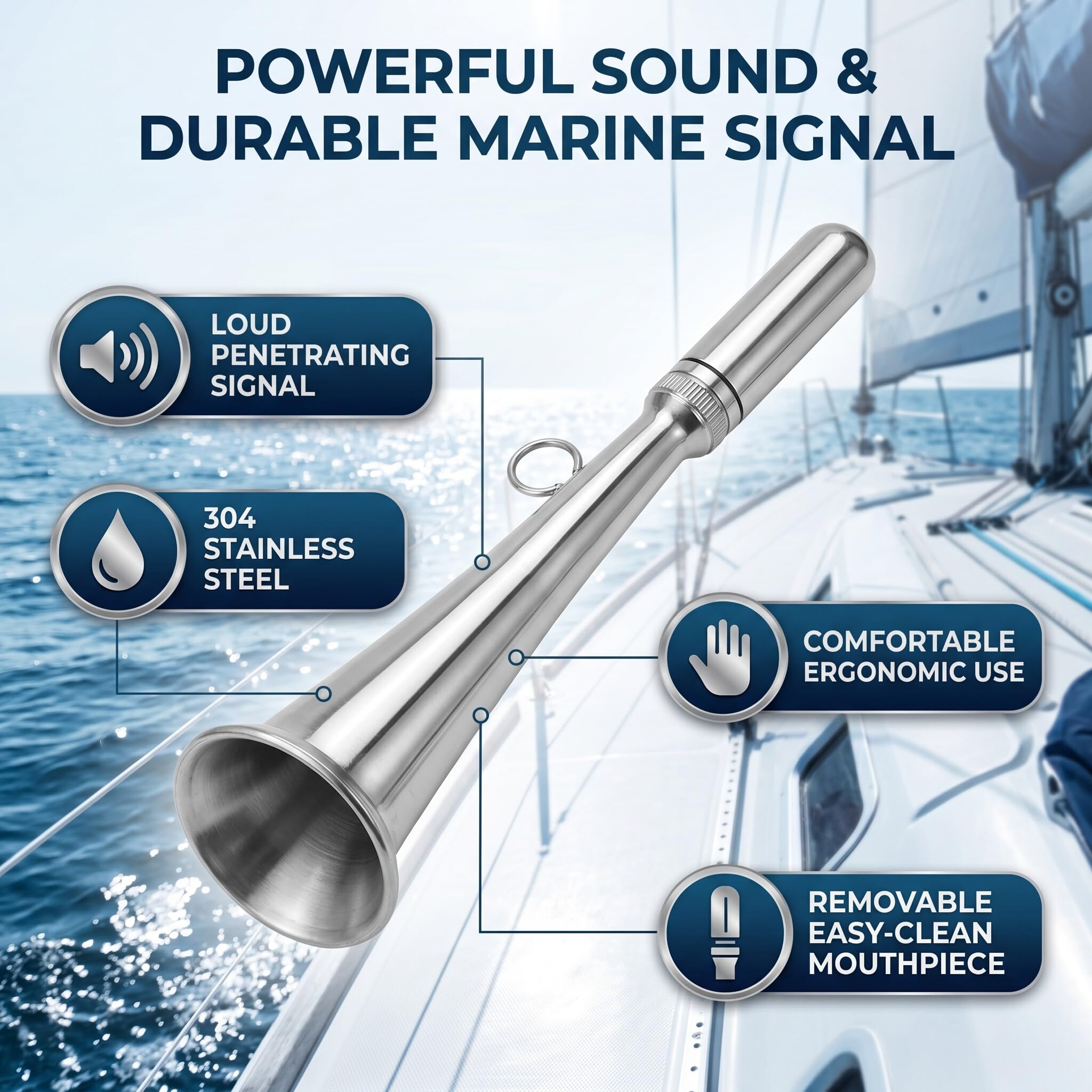 Corne De Brume Portative En Acier Inoxydable 304 – Embout Amovible, 176 Mm, Pour Bateau