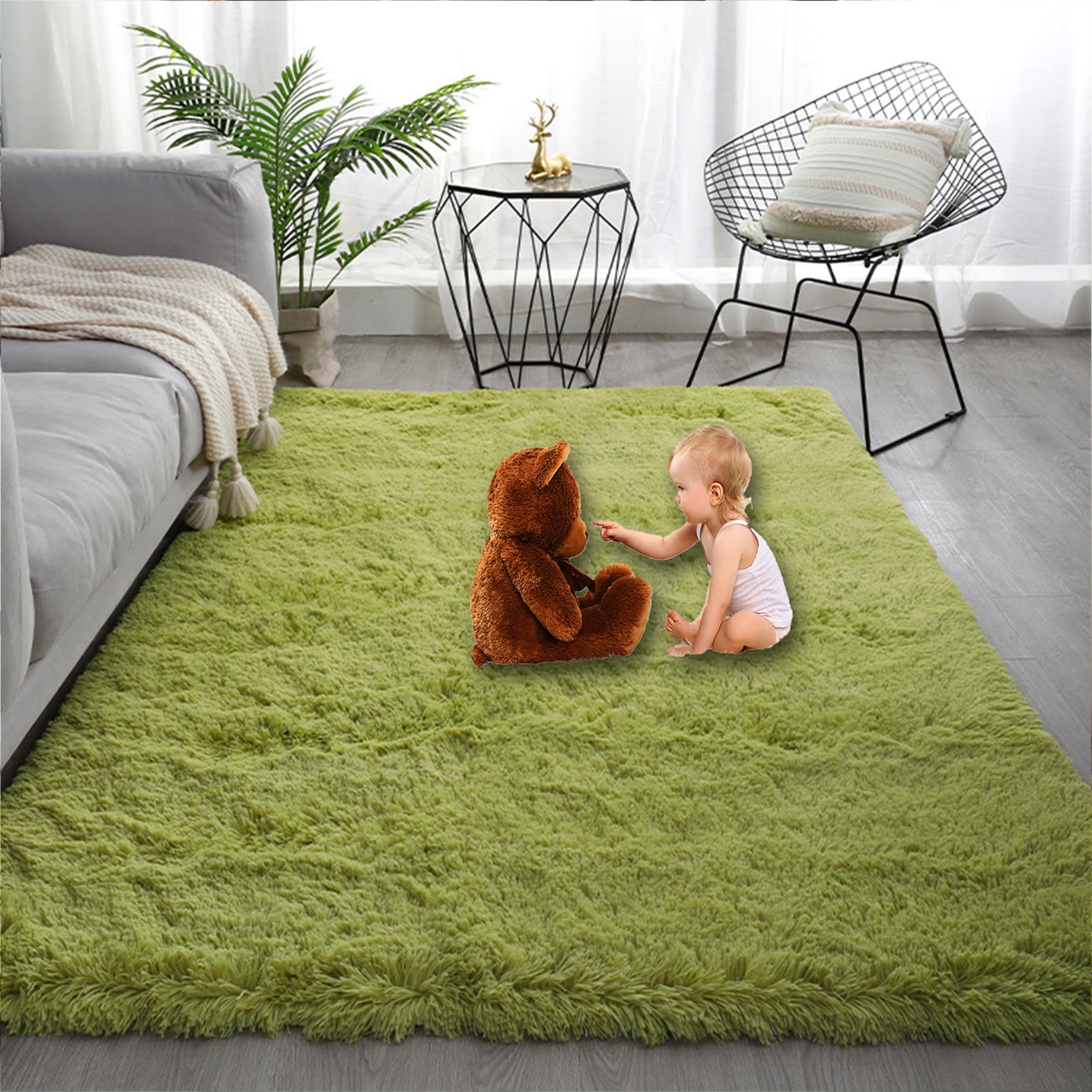 Teppich Hochflor 145 x 180 cm, Waschbar, Flauschige Oberfläche, Robust, Spitzenqualität, Pflegeleicht, in Vielen Farben & Größen, Wohnzimmer Moderner Teppich, Fruchtgrün