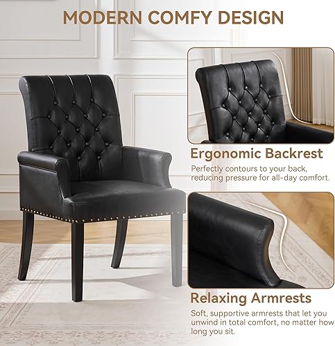 Miniatura 3 de Silla de comedor de piel sintética con brazos, sillas de comedor tapizadas con respaldo alto, sillón decorativo con patas de madera maciza y ribete