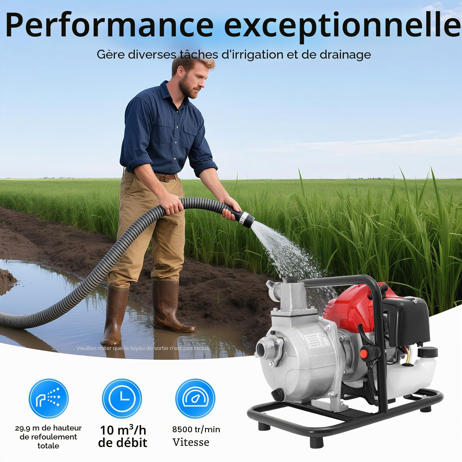 Pompe à eau à essence 43 cc, moteur 2 temps de 1,7 CV, pompe à eau portable de 1,25 kW, débit 10 m³/h, hauteur de refoulement max. 30 m, 8500 tr/min