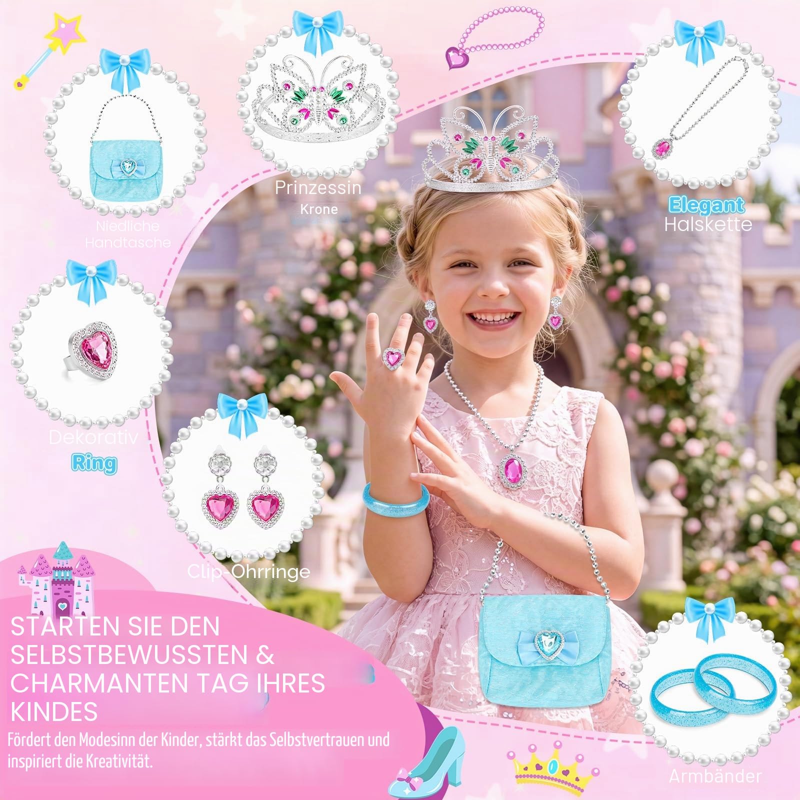deAO Princess Schuh Spielzeug- und Schmuckboutique mit 4 Paar Schuhen, Armbändern, Halskette, Tasche, Ohrringen und Krone Mädchen-Tiara inklusive Kinder Schminkset Prinzessin Schuhe Mädchen