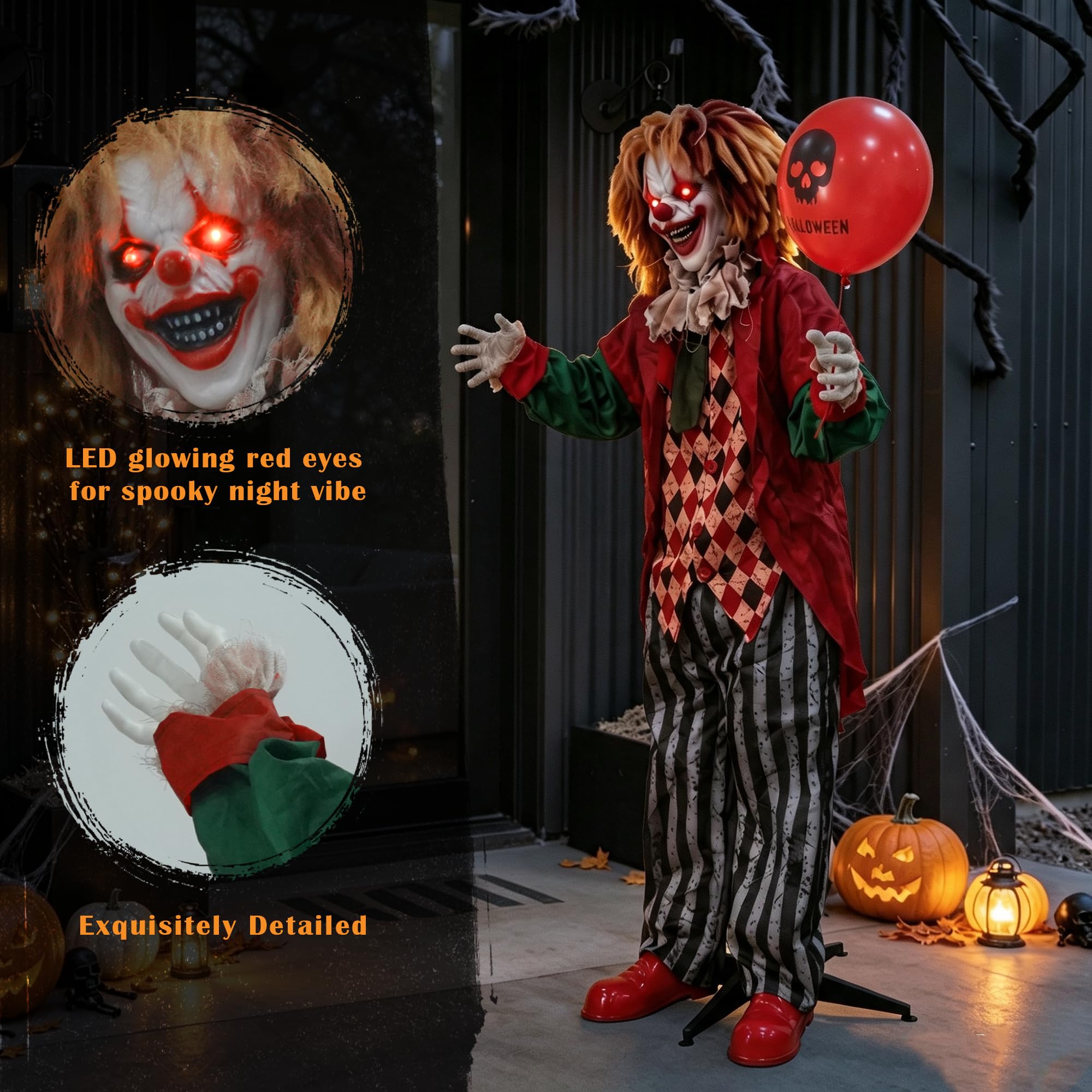 Hourleey Decoraciones de payaso animatrónica de Halloween de 5.3 pies, payaso animado activado por sonido con ojos iluminados, payaso sosteniendo globo para interiores y exteriores, decoración de
