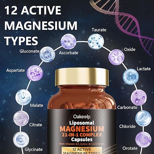 Miniatura 3 de 21 en 1 Liposomal 12 tipos activos complejo de magnesio 1400mg (glicinato, citrato, malato, etc.) cápsula -con vitamina D3, B6, B12, Ashwagandha y