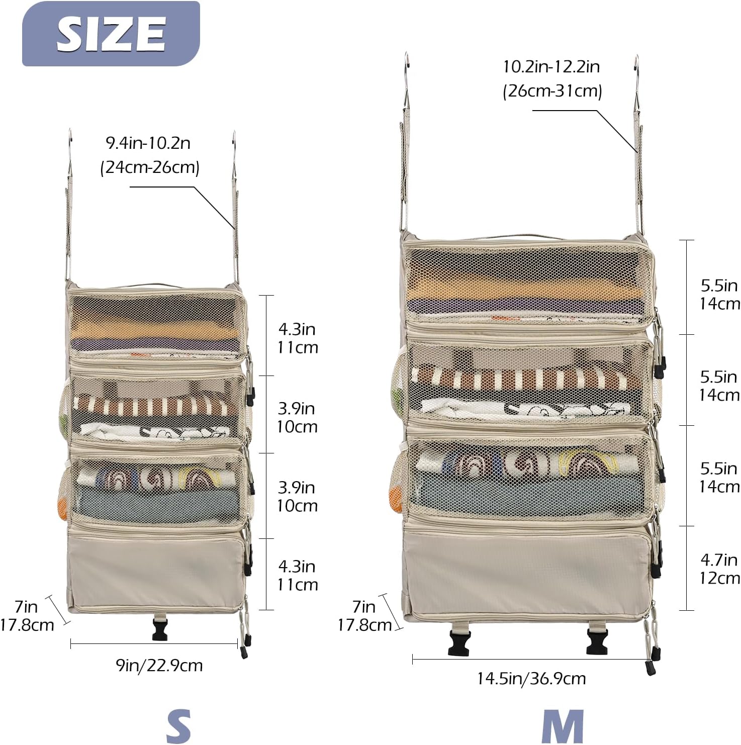 Surblue Travel Hanging Luggage Organizer Portable Suitcase Closet Organizer Multiple Compartments Collapsible Compression Packing Cubes Shelf, Beige, M - Image 5