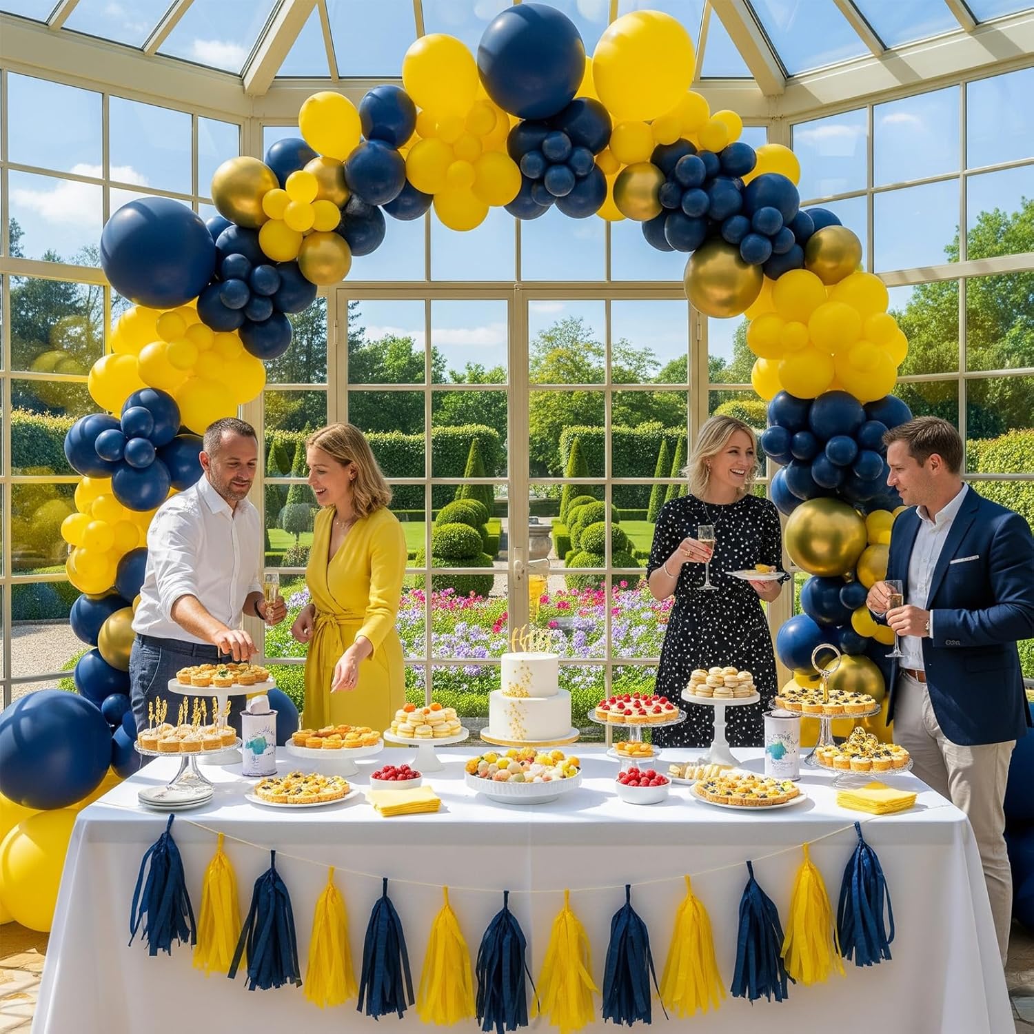 Pearl Navy Blue and Gold Balloon Garland Arch Kit 132Pcs pearl Deep navy and chrome gold lemon yellow balloons for Boy Baby shower prince birthday cartoon Lion theme birthday decorations