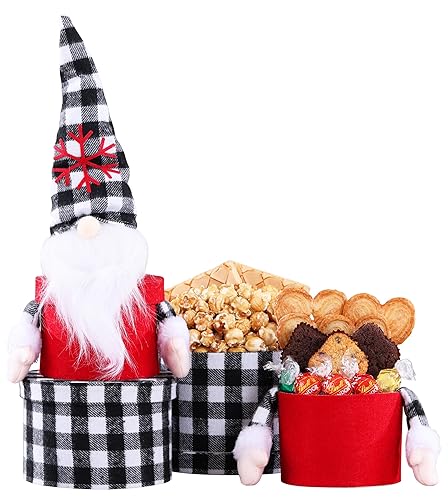 Cestas de regalo de vino campestre, gnomo, regalo de vacaciones, torre Lindt, bolas de trufa, palomitas de maíz caramelo, caramelos de vainilla