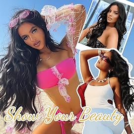 AISI HAIR Black Wig for Women, Long Wavy Lace Hairline Middle Part Synthetic Heat Resistant Wig for Daily Party-26 Inch