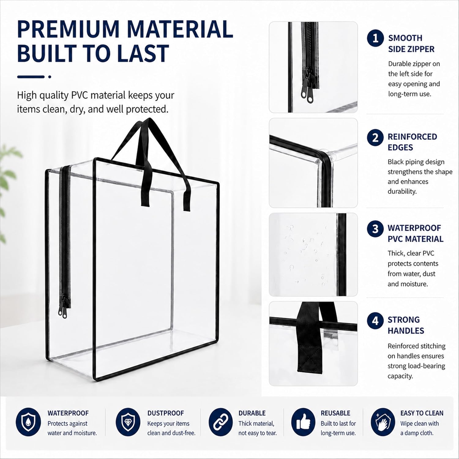 Clear Storage Bag Large Moving Bags, Clear Tote Bag with Zipper & Handles, Gift Bag Storage Organizer, Comforter Storage Bag for Closet, Underbed,College Moving(Black Middle zipper-1pcs)