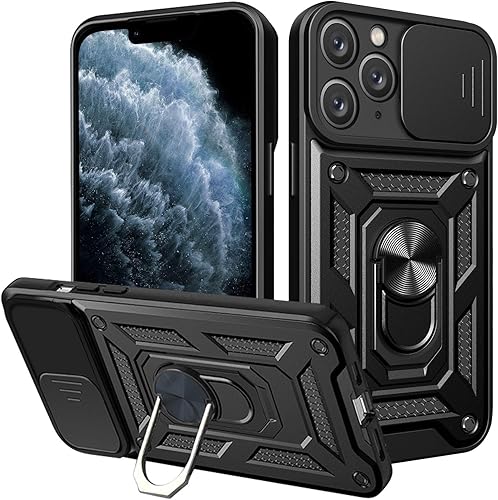 Funda diseñada para iPhone 11 Pro con soporte, protección de cámara Cubierta de protección de cámara deslizante de grado militar, anillo giratorio