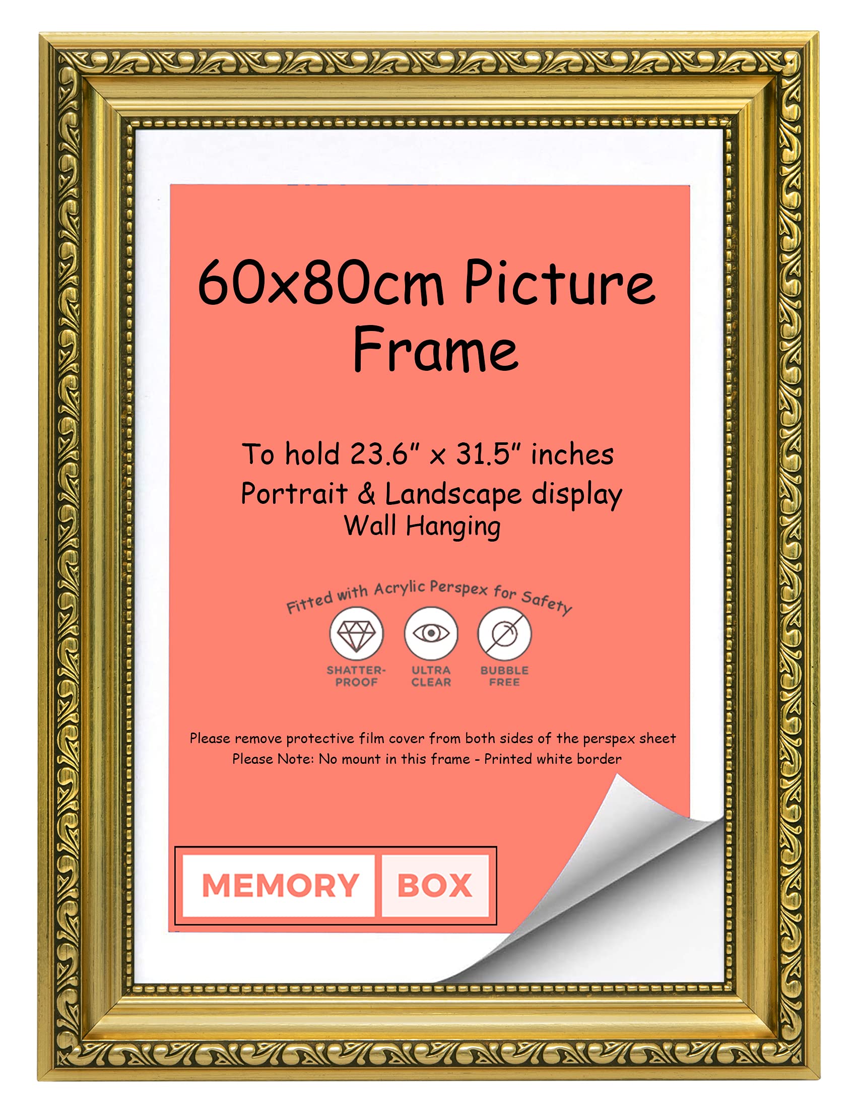 Gold - Ornate Shabby Chic Picture/Photo/Poster frame with Perspex Sheet - Moulding 33mm Wide and 27mm Deep - (60 x 80cm) 23.6" x 31.5"