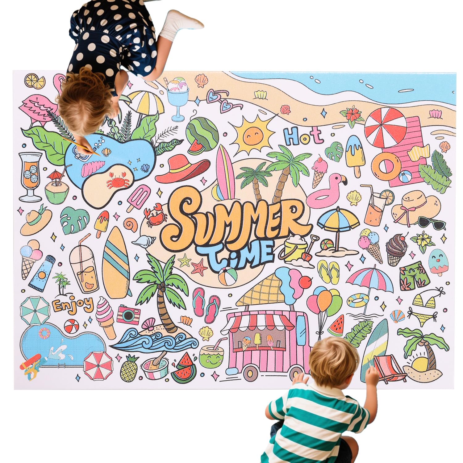 Hawaiian Coloring Poster, 43.3x31.5in Giant Summer Time Coloring Tablecloth Jumbo DIY Blank Paper Banner Large Wall Art for Kids Crafts Games Party Decorations Classroom Activities Supplies