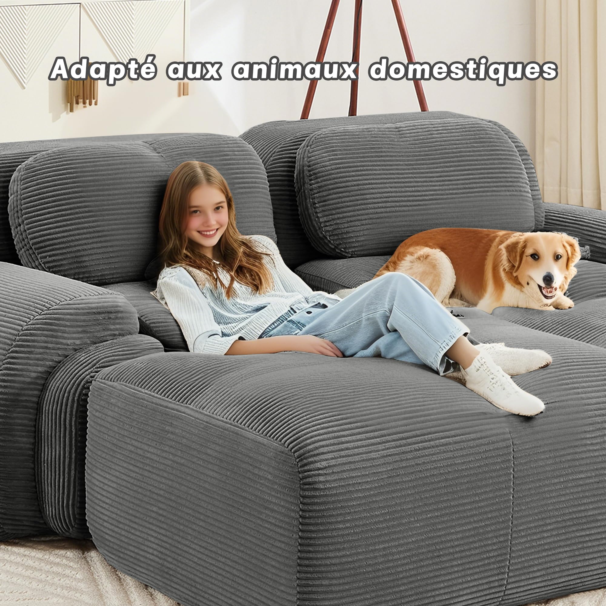 Sapgaks Sofá esquinero convertible, sofá de 2 a 4 plazas, sofá modular comprimible, se puede combinar libremente con reposabrazos y reposapiés, pana (gris 2 posiciones)