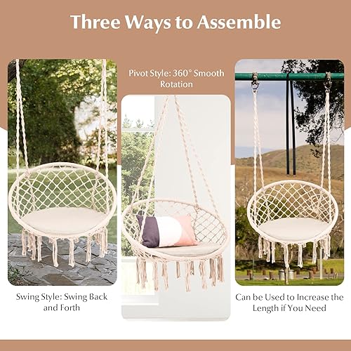 Miniatura 5 de Tangkula Silla hamaca con cojín, estilo bohemio de macramé con kit de accesorios para colgar y correa, columpio de cuerda colgante para interiores y