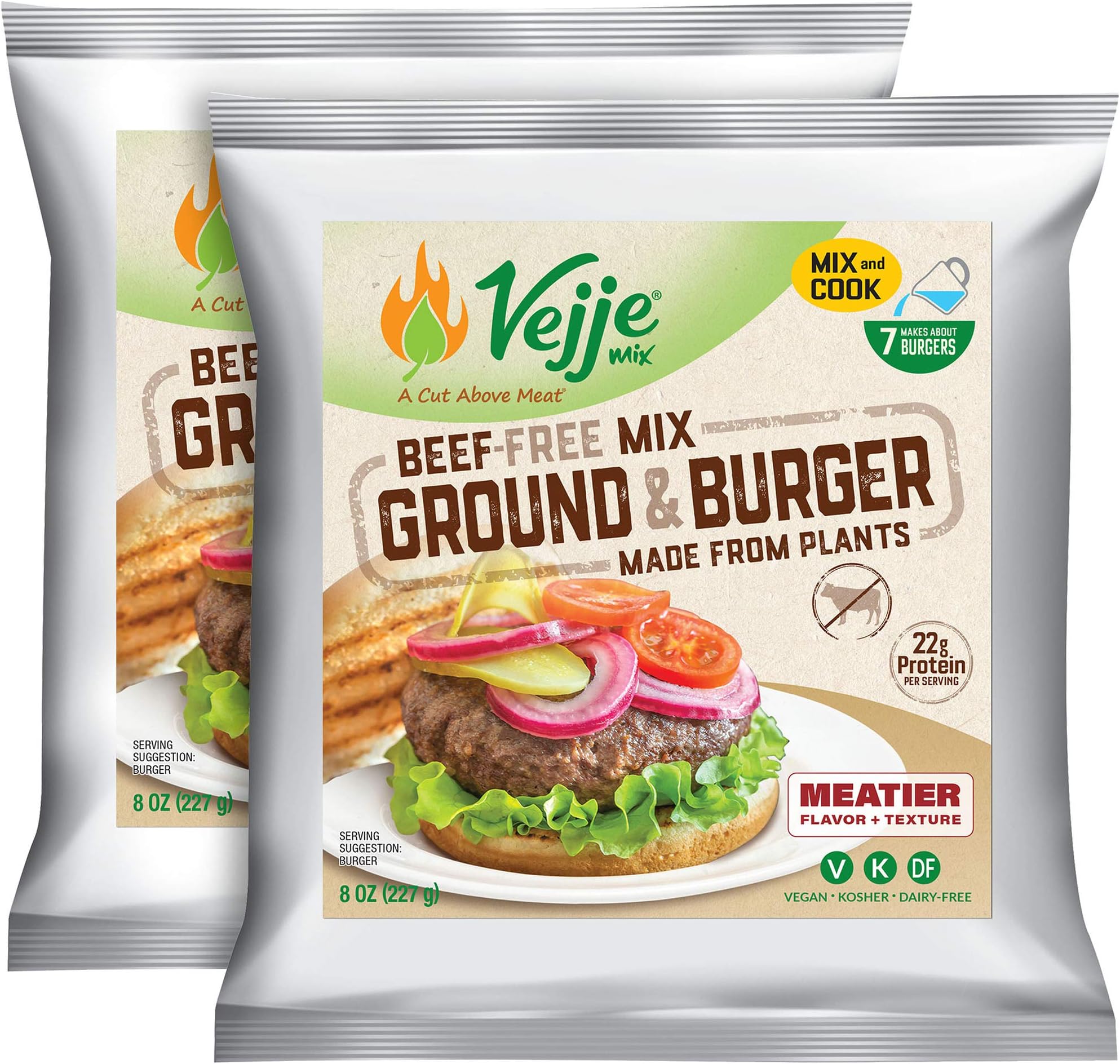 Vejje Meat-Free Mixes - BEEF-FREE: GROUND & BURGER MIX (MEATIER) (2 Bags in Box)(Box Makes a Total of 14 Burgers)
