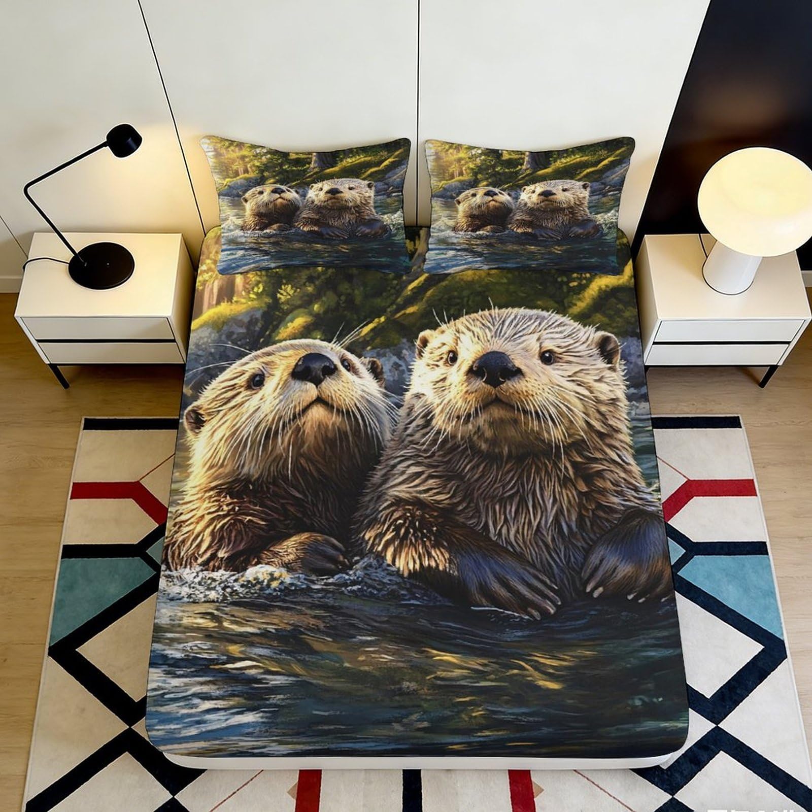 3D Printed Otter River Fitted Sheet Microfiber Soft Breathable Forest Lake Bed Sheet for Bedroom Guest Room Decor 90x200x25cm