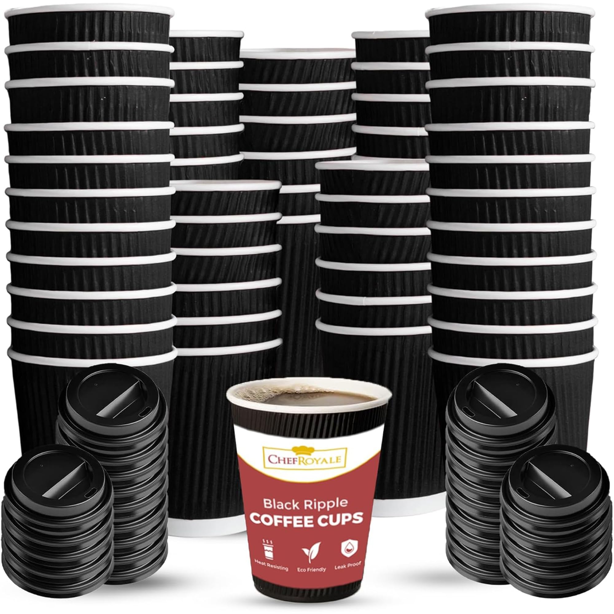 CHEF ROYALE 500x 8oz Black Disposable Coffee Cups with Lids - Insulated Triple Walled Takeaway Cups for Hot and Cold Drinks - Ripple Cups for Christmas, Birthdays, Parties (500, Black)