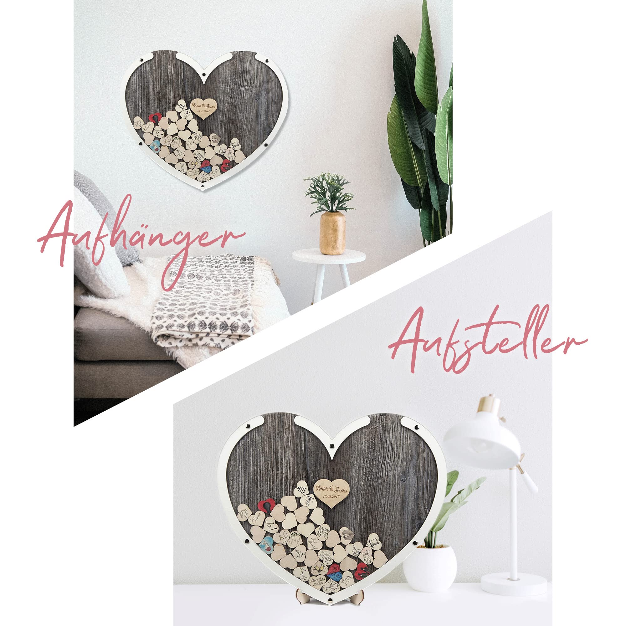 Edles Hochzeitsgästebuch, Herzform, Holz Herzchen - Personalisierbar mit Wunschgravur