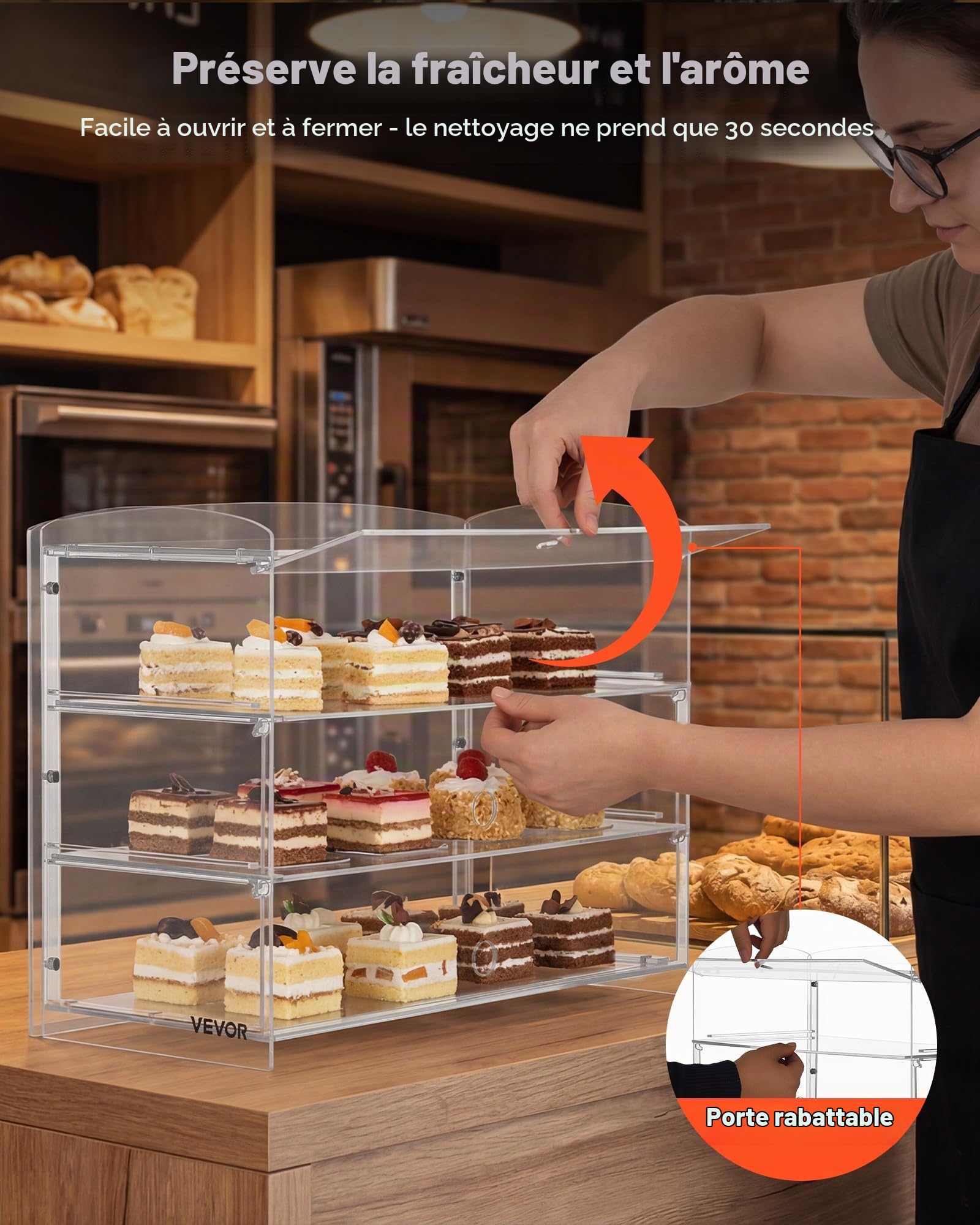 VEVOR Vitrine Comptoir de Boulangerie de 48,2x23,2x38 cm à 3 Niveaux, Présentoir à Pâtisserie en Acrylique Transparent, pour Présentation Biscuits Desserts Beignets Pains, avec Porte Relevable