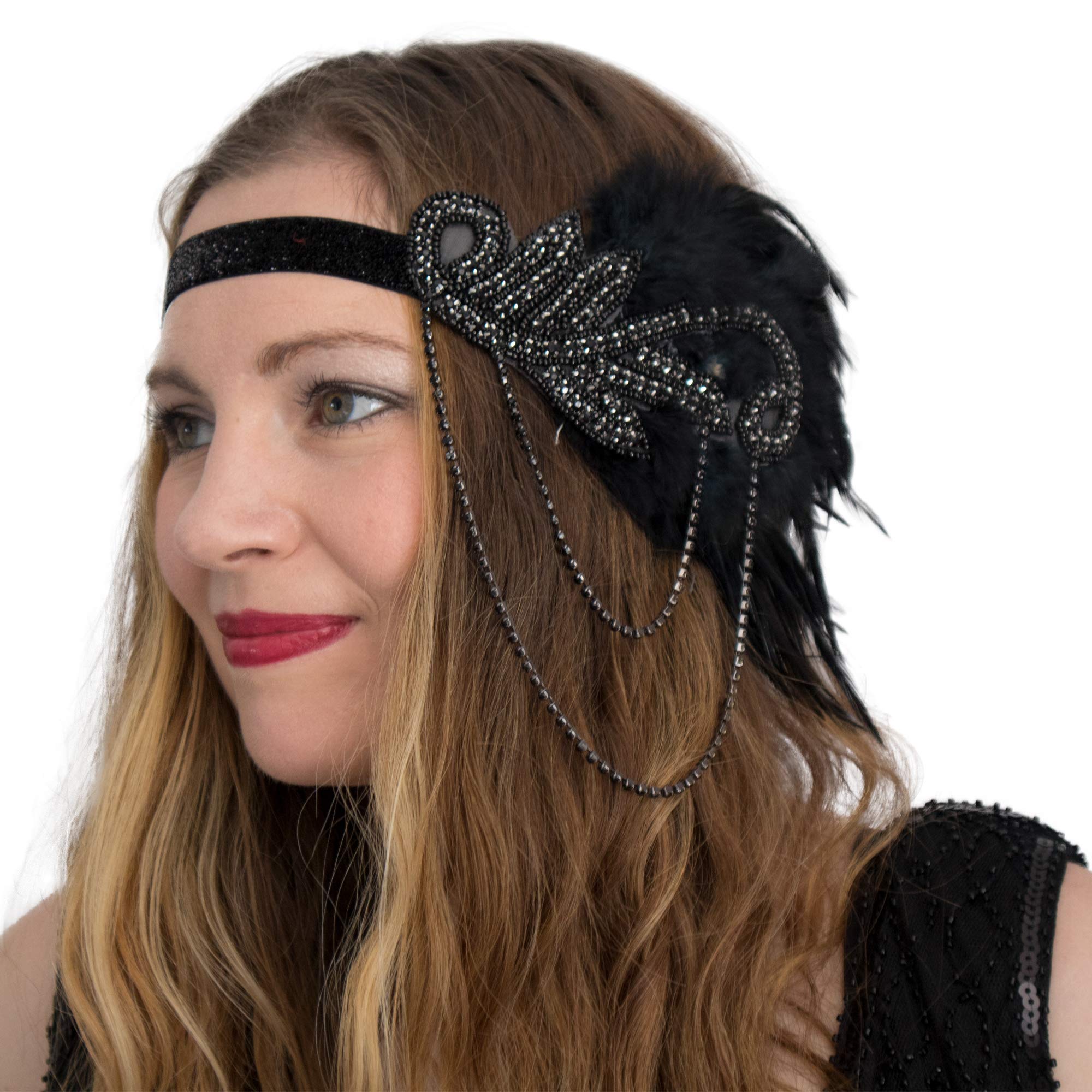 Yummy Bee - 1920s Flapper Feather Headpiece - Vintage 1920s Headband for Women - Great Gatsby Costume Accessories (Black)
