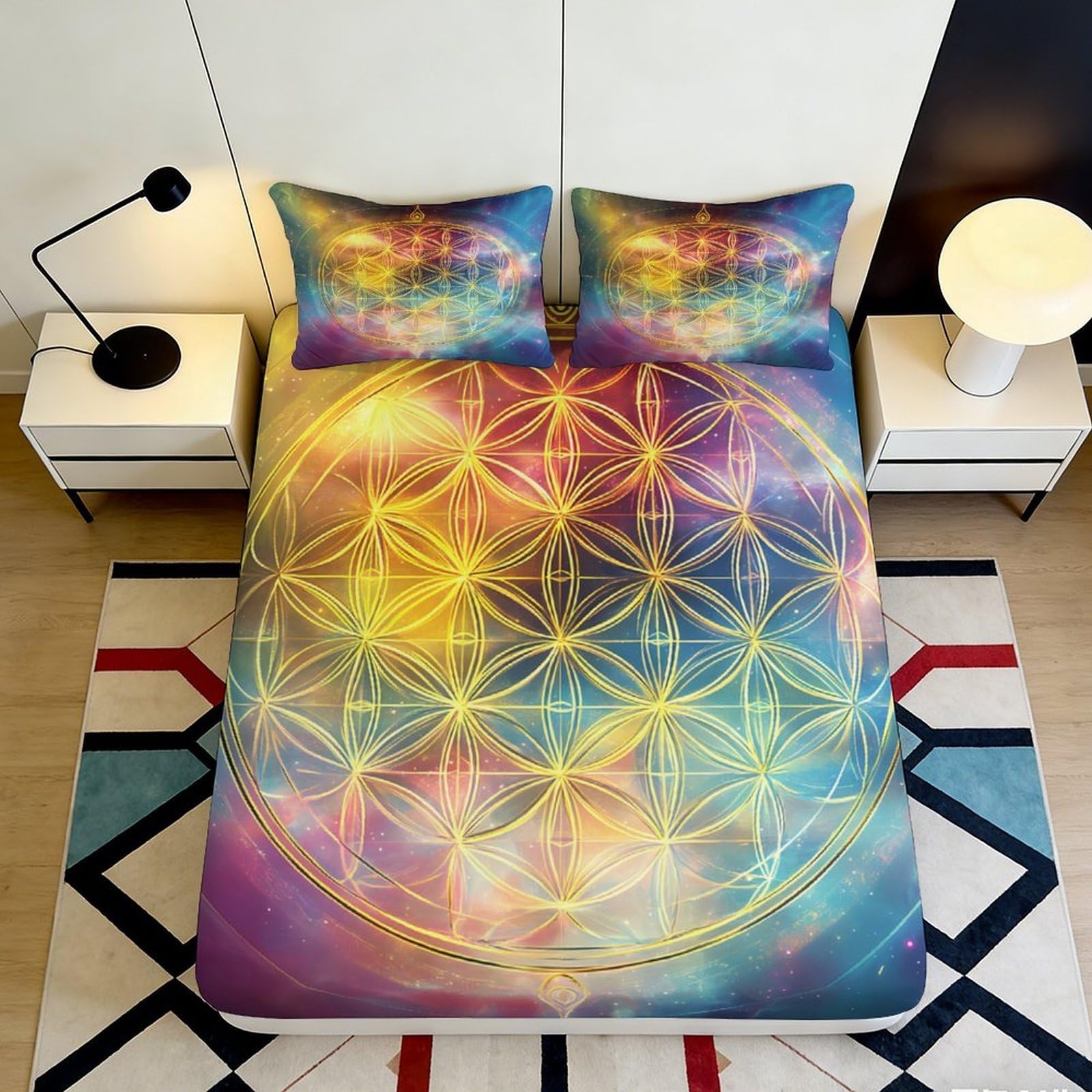 3D Printed Geometric Rainbow Fitted Sheet Microfiber Anti-Slip Mandala Mattress Cover for Bedroom Dorm Decor 90x200x25cm