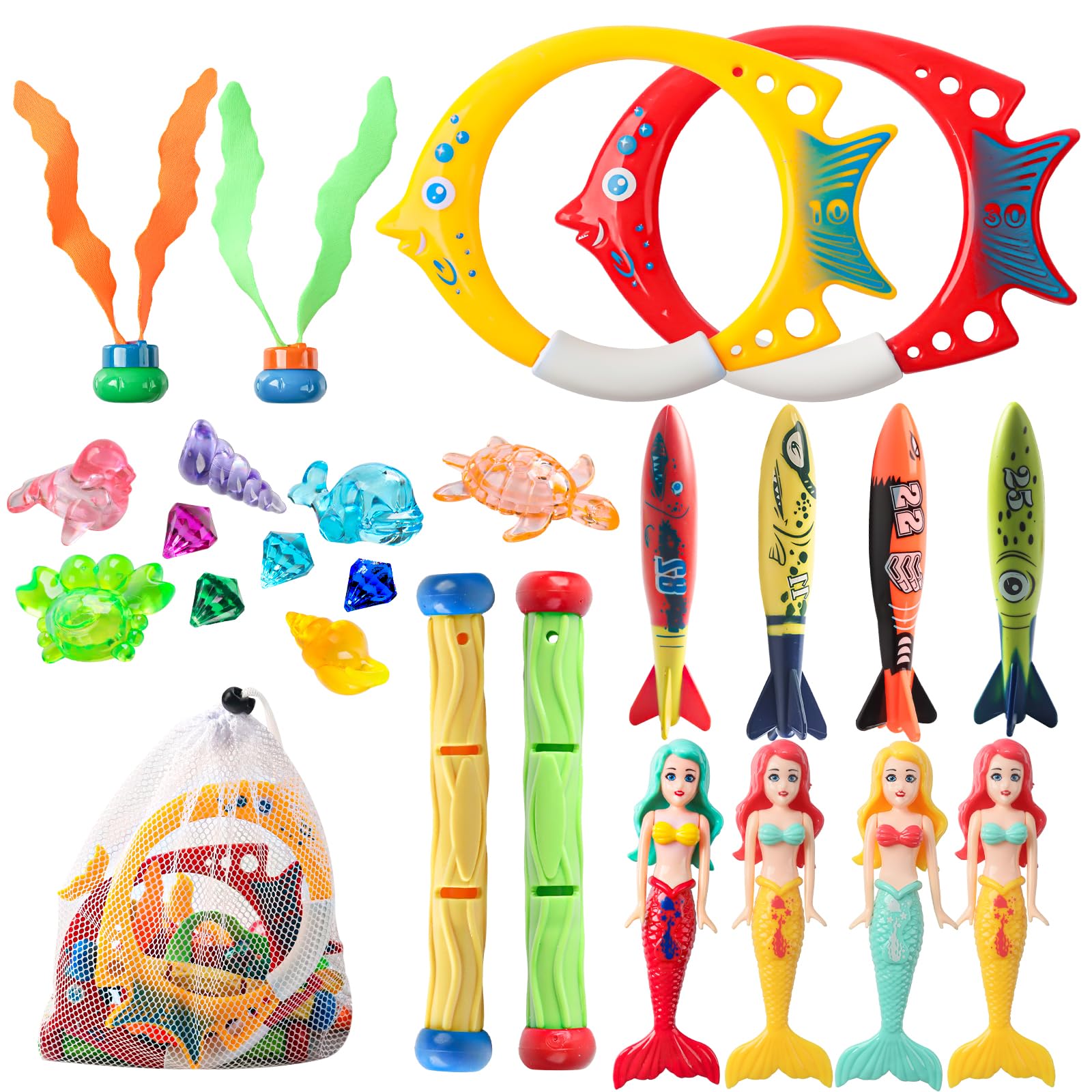 Set di Giocattoli per Immersioni Subacquee, Giocattolo per Piscina per Bambini, Bastoncini e Anelli per Immersioni da Sirena, Tesori dei Pirati con Sacchetto a Cordoncino, Set di Giocattoli per