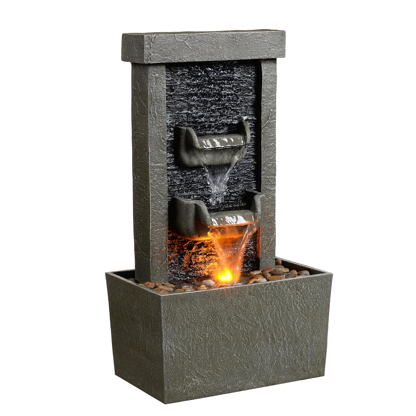 MSEONWXI Resin Water Fountain Outdoor with LED Lights, Modern Tiered Fountain for Garden Patio Backyard, Waterfall Decor, 23.6