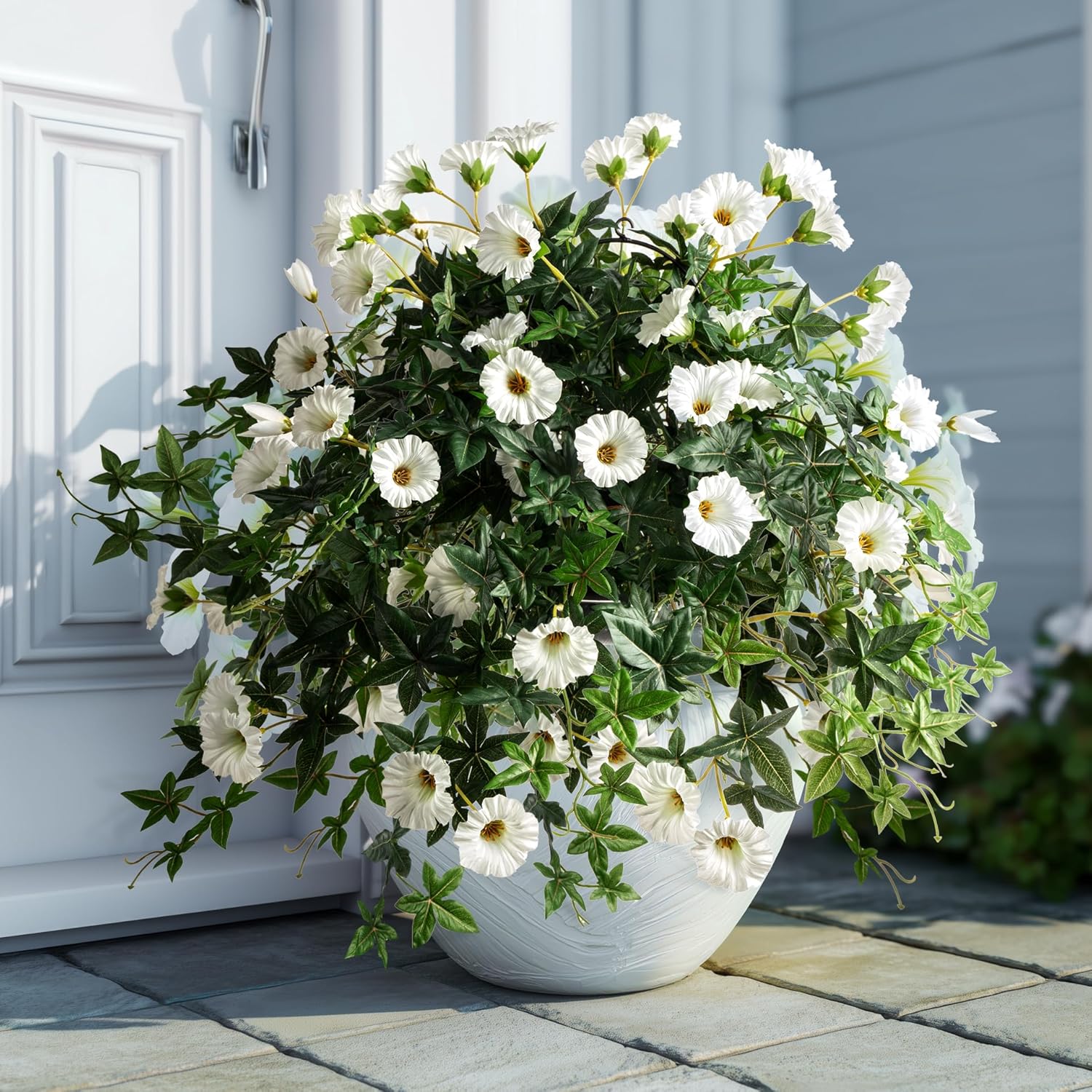 Artificial Flowers Artificial Petunias for Outdoors 2PCS Artificial Hanging Plants Outdoors Silk Flowers with Stems Outdoor Flowers Uv Resistant for Porch DecorTerrace Decor(White)Without Pot