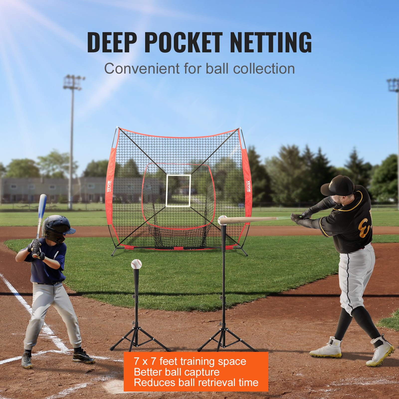 VEVOR 7x7ft Baseball Softball Practice Net, Portable Baseball Training Net for Hitting Batting Catching Pitching, Backstop Baseball Training Replacement Net with Strike Zone(Net Only)
