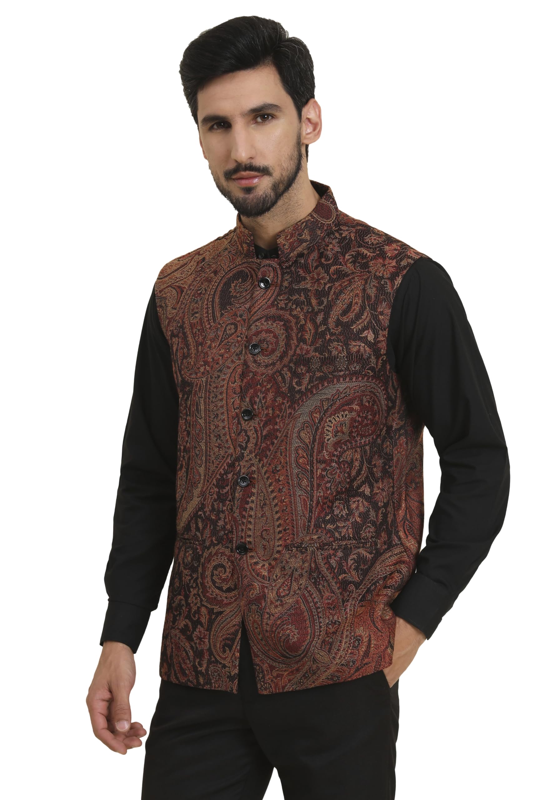 pashtush Mens Woven Jacquard Structured Waistcoat, Slim Fit, Royal Black-picture-55