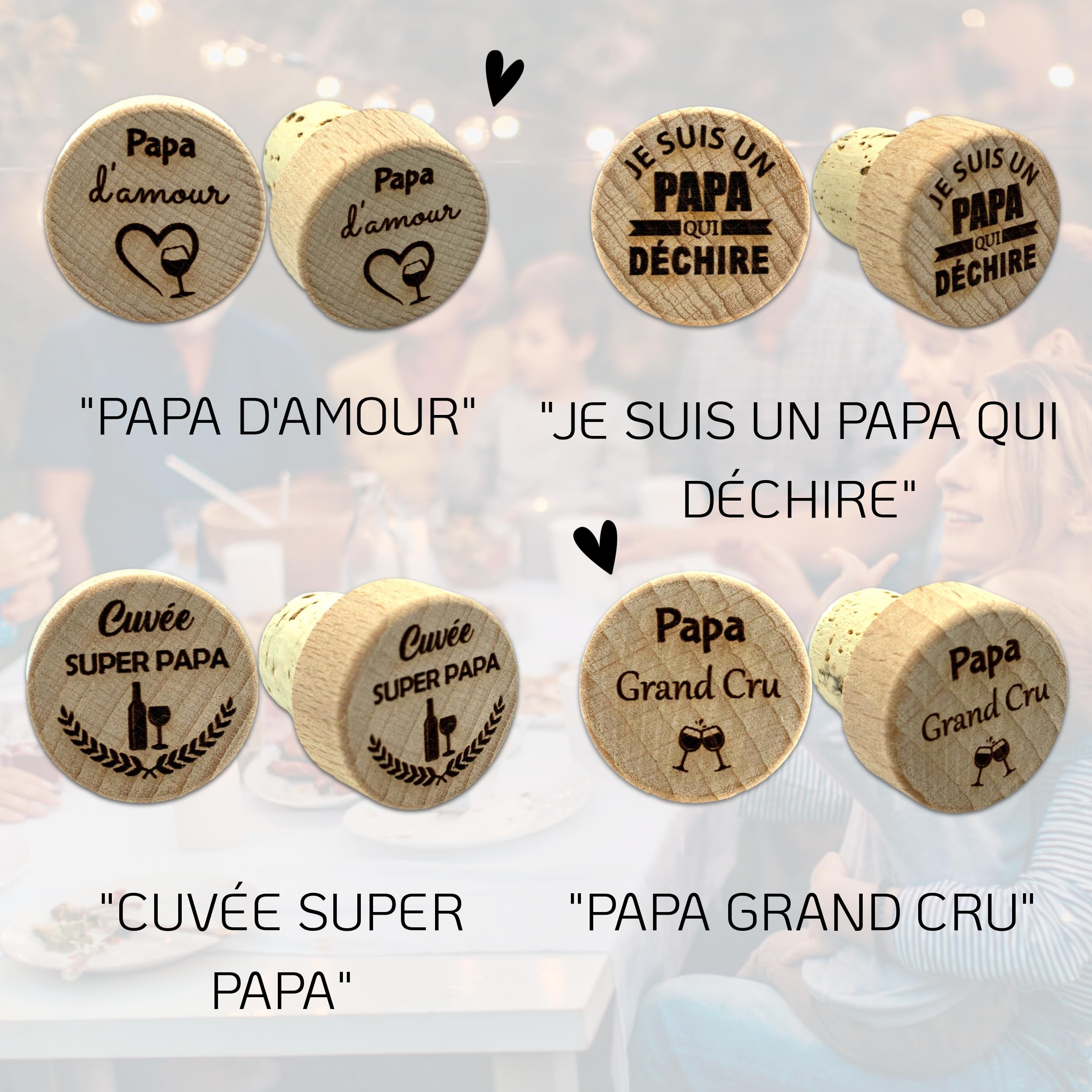 Lot de 4 Bouchons Papa personnalisés - Cadeau fête des pères - Idée Cadeau Homme - Accessoire vin
