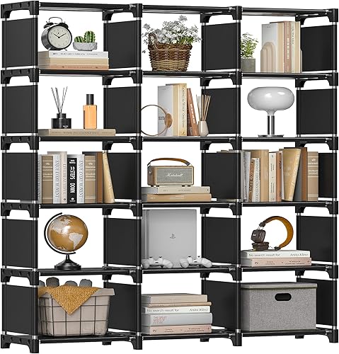 REIBII Estantería para dormitorio, estante organizador de libros, estantería alta para libros de 15 cubos, organizador de almacenamiento de cubos,