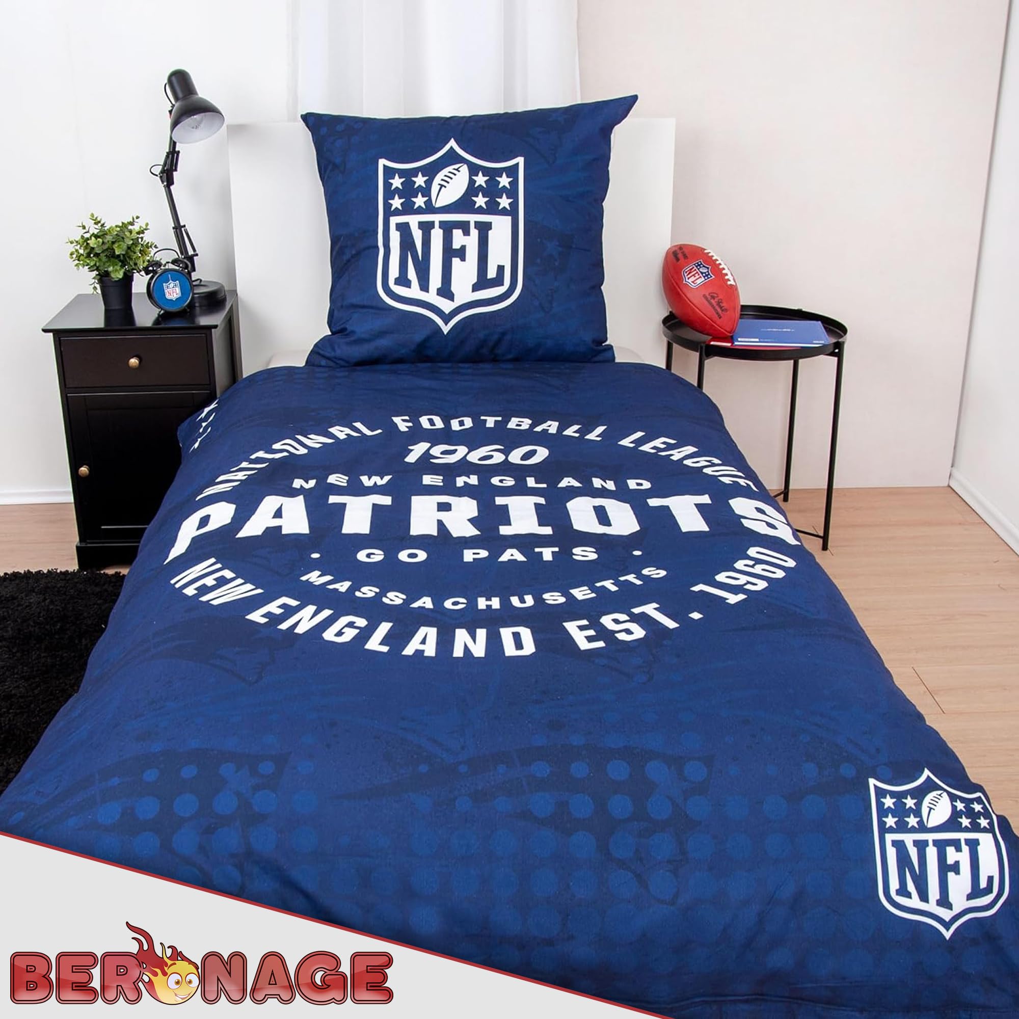 NFL New England Patriots Go Pats komplet pościeli 135 x 200 cm + 80 x 80 cm, 100% bawełna, Renforcé Linon, zestaw dwustronnej pościeli YKK, zamek błyskawiczny YKK